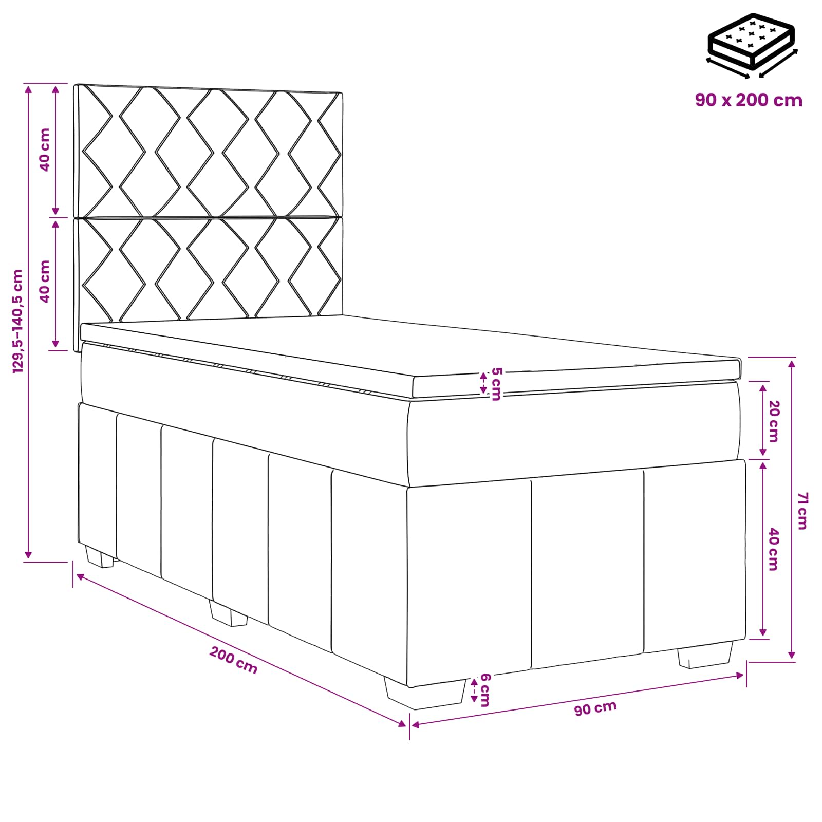 LED posteljni pod z vzmetnico Črna 90 x 200 cm Blago