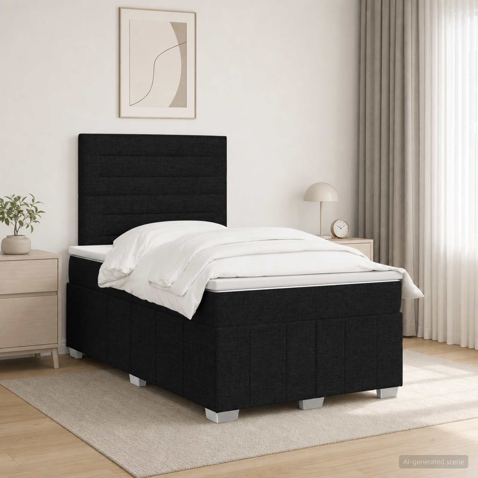 LED boksmadrasseng 120 x 190 cm med madras, topmadras og justerbar sengegavl - sort stof