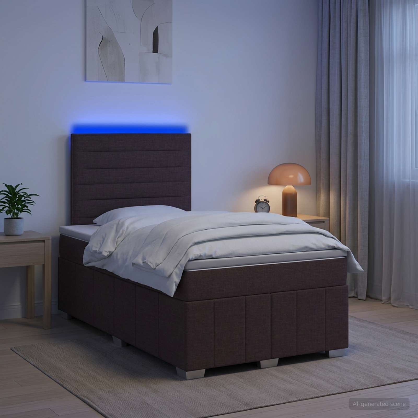 LED posteljni pod z vzmetnico Temno rjava 120 x 190 cm Blago