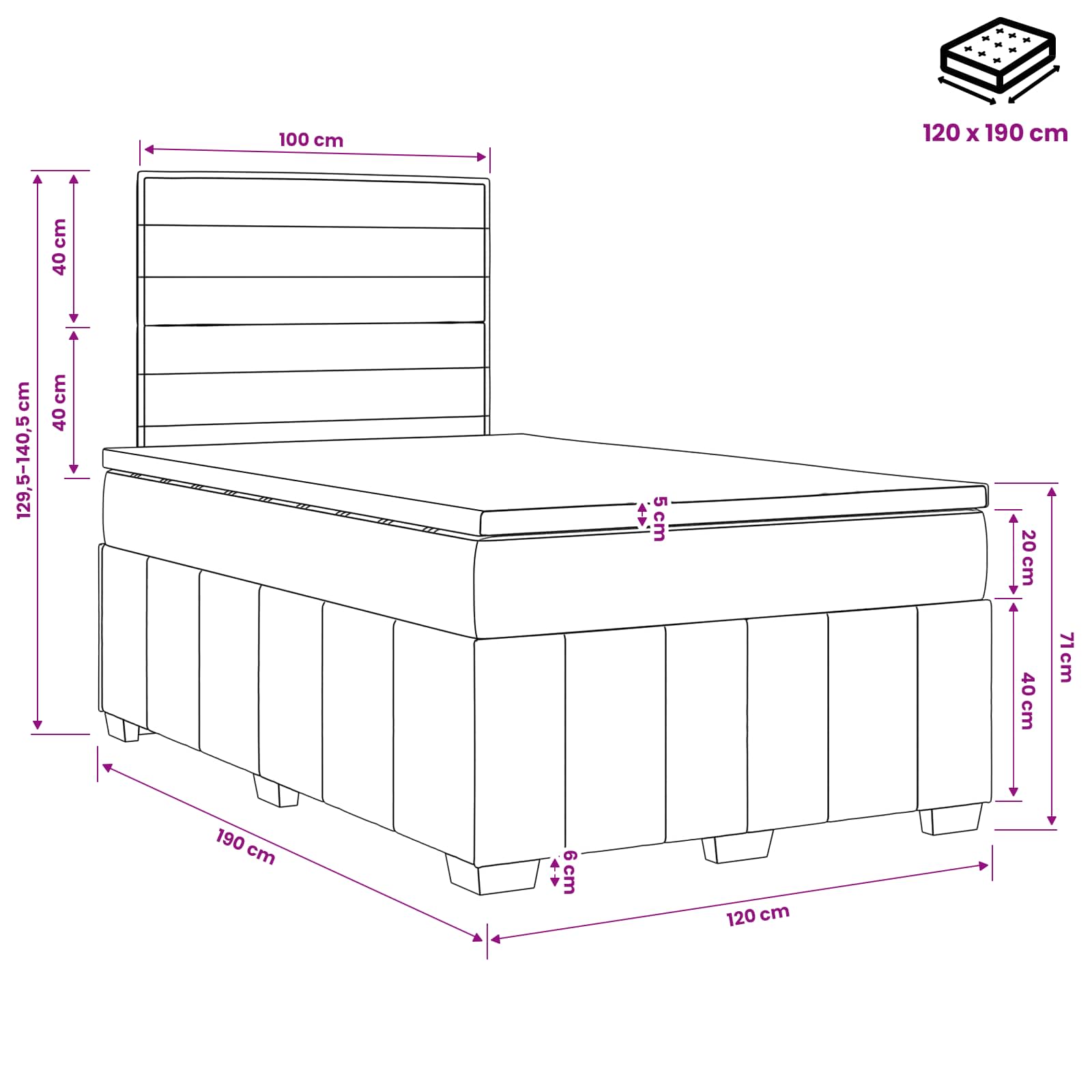 LED posteljni pod z vzmetnico Temno rjava 120 x 190 cm Blago