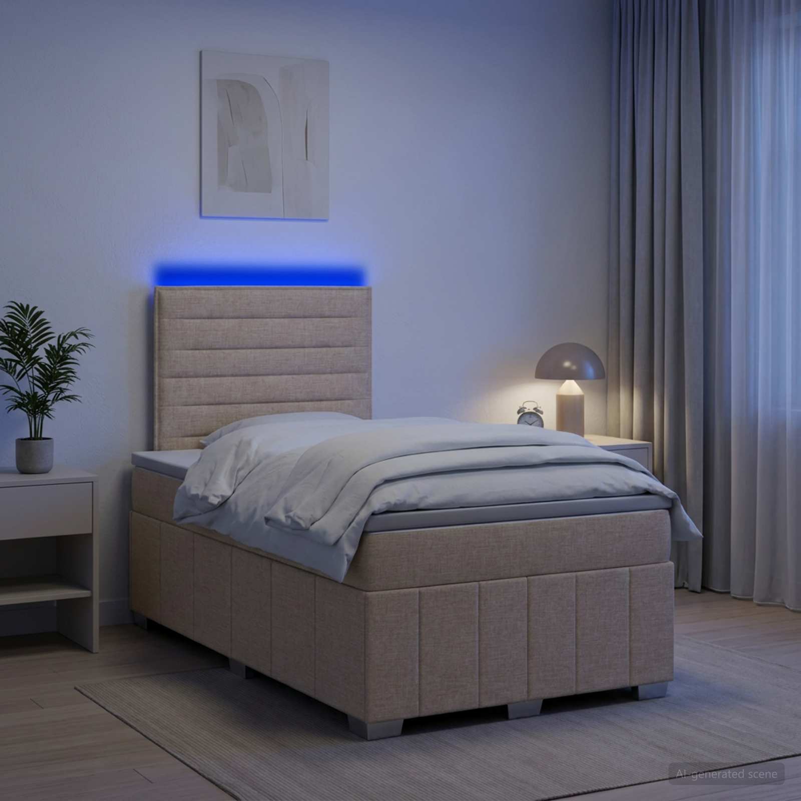 Boksmadrasseng med LED, madras og topmadras 120 x 190 cm - cremefarvet stof