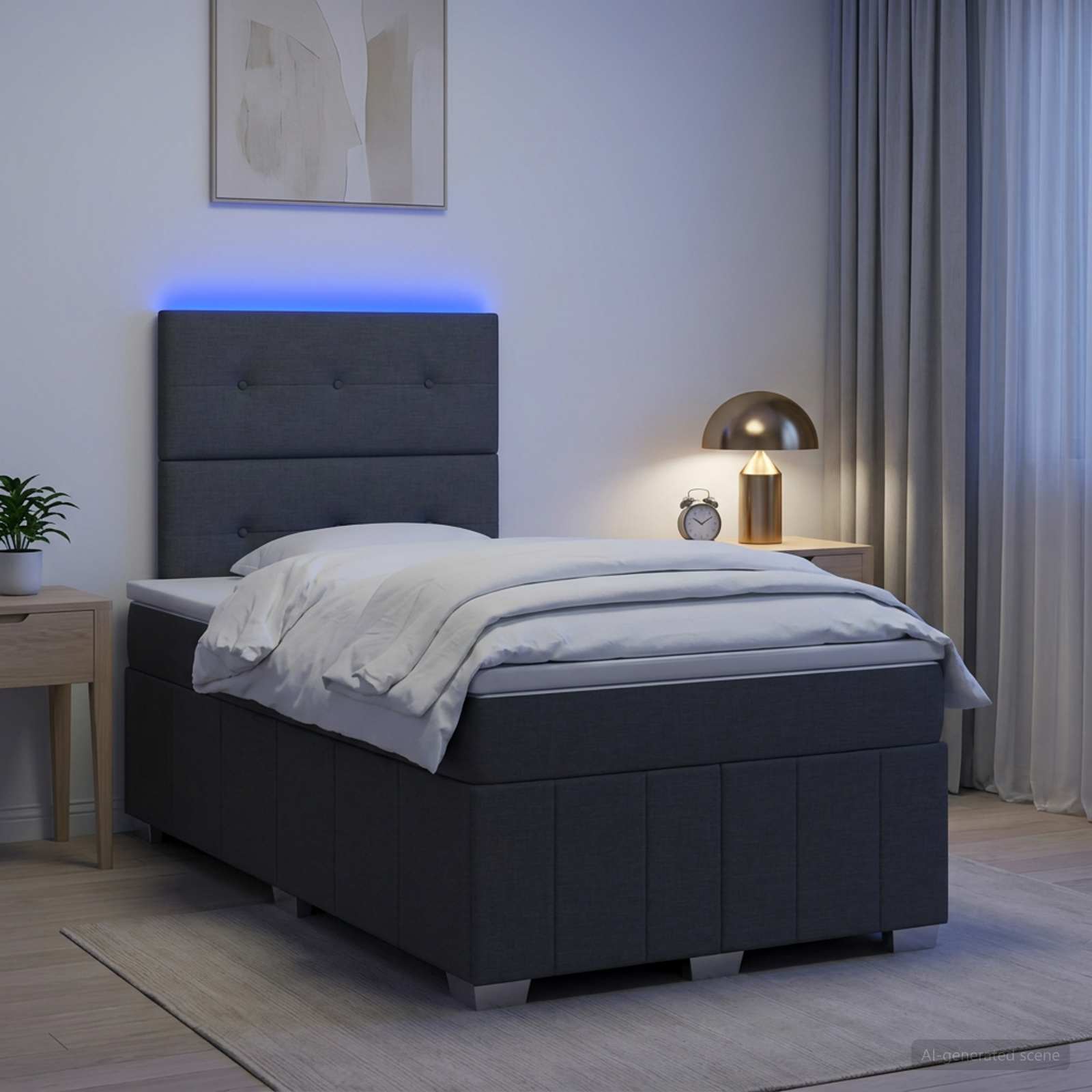 LED posteljni pod z vzmetnico Temno siva 120 x 190 cm Blago