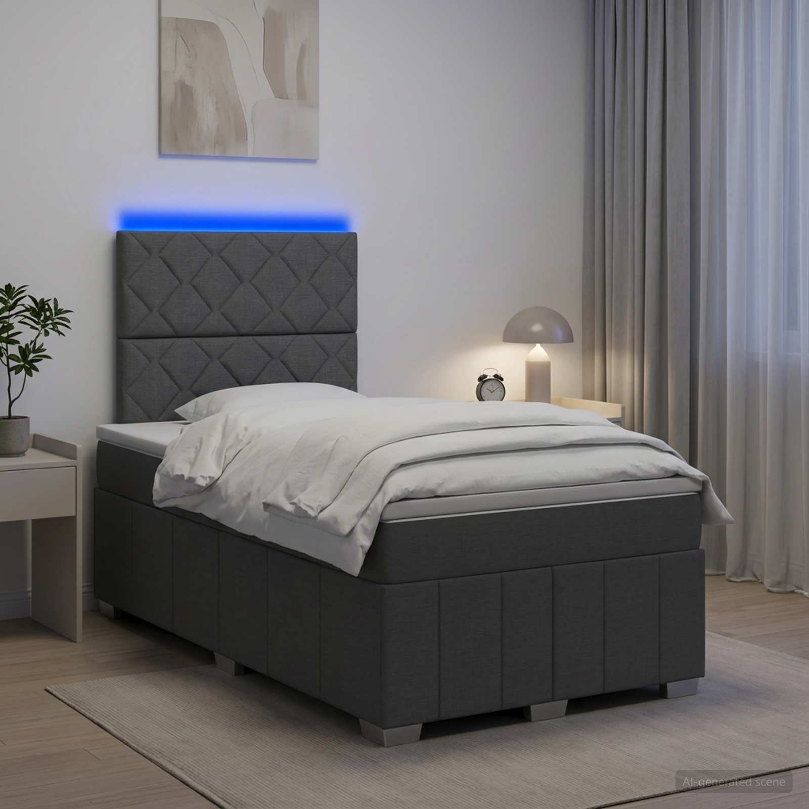 LED posteljni pod z vzmetnico Temno siva 120 x 190 cm Blago