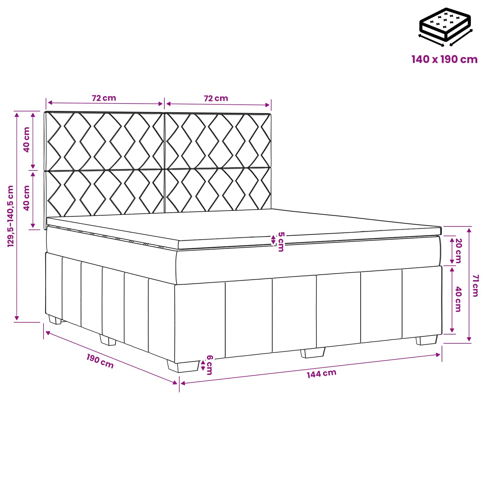 LED posteljni pod z vzmetnico Črna 140 x 190 cm Blago
