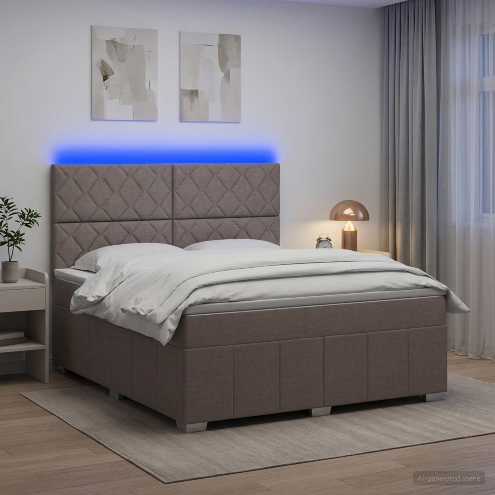 Boksmadrasseng med LED, madras og topmadras - gråbrun 180 x 200 cm
