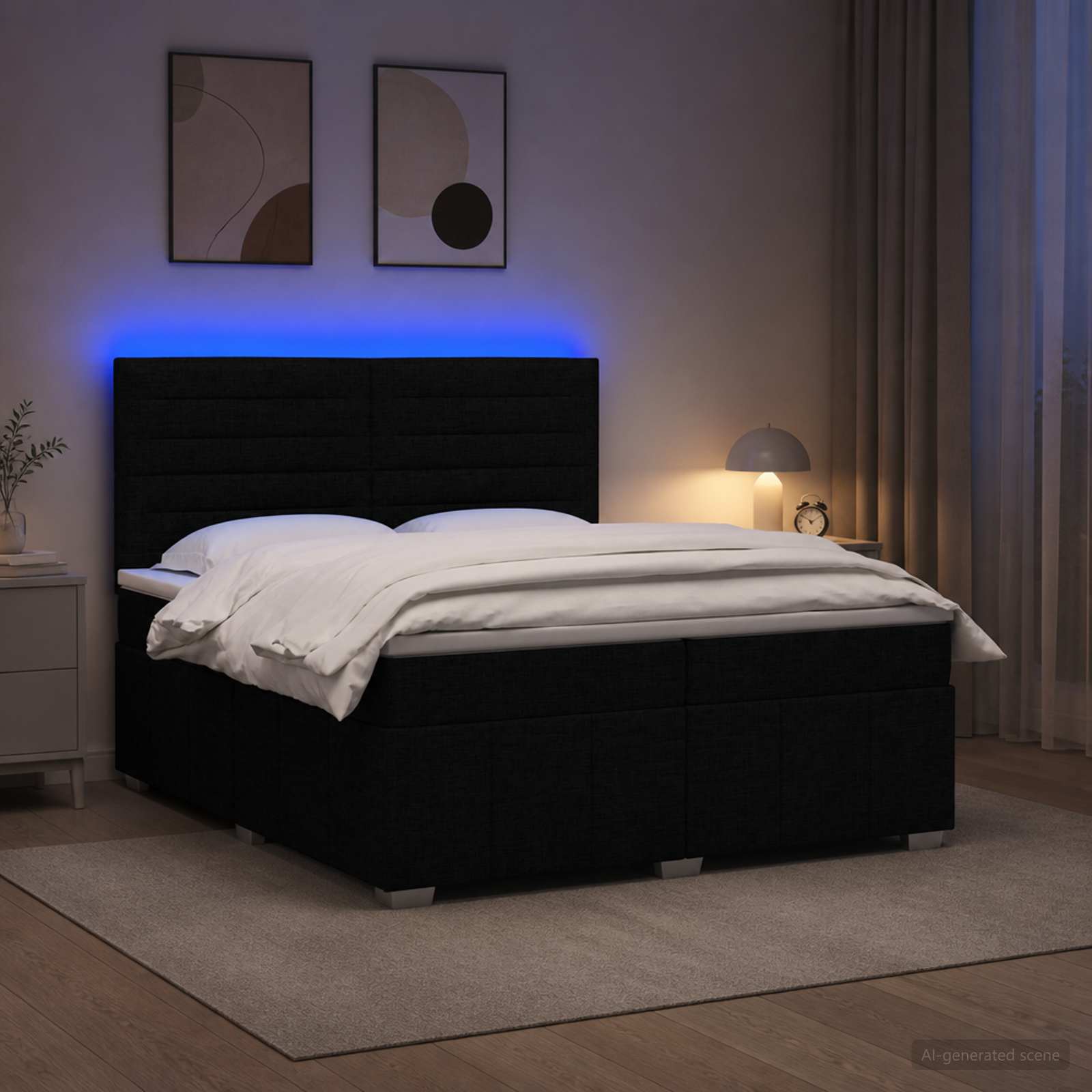 LED posteljni pod z vzmetnico Črna 200 x 200 cm Blago