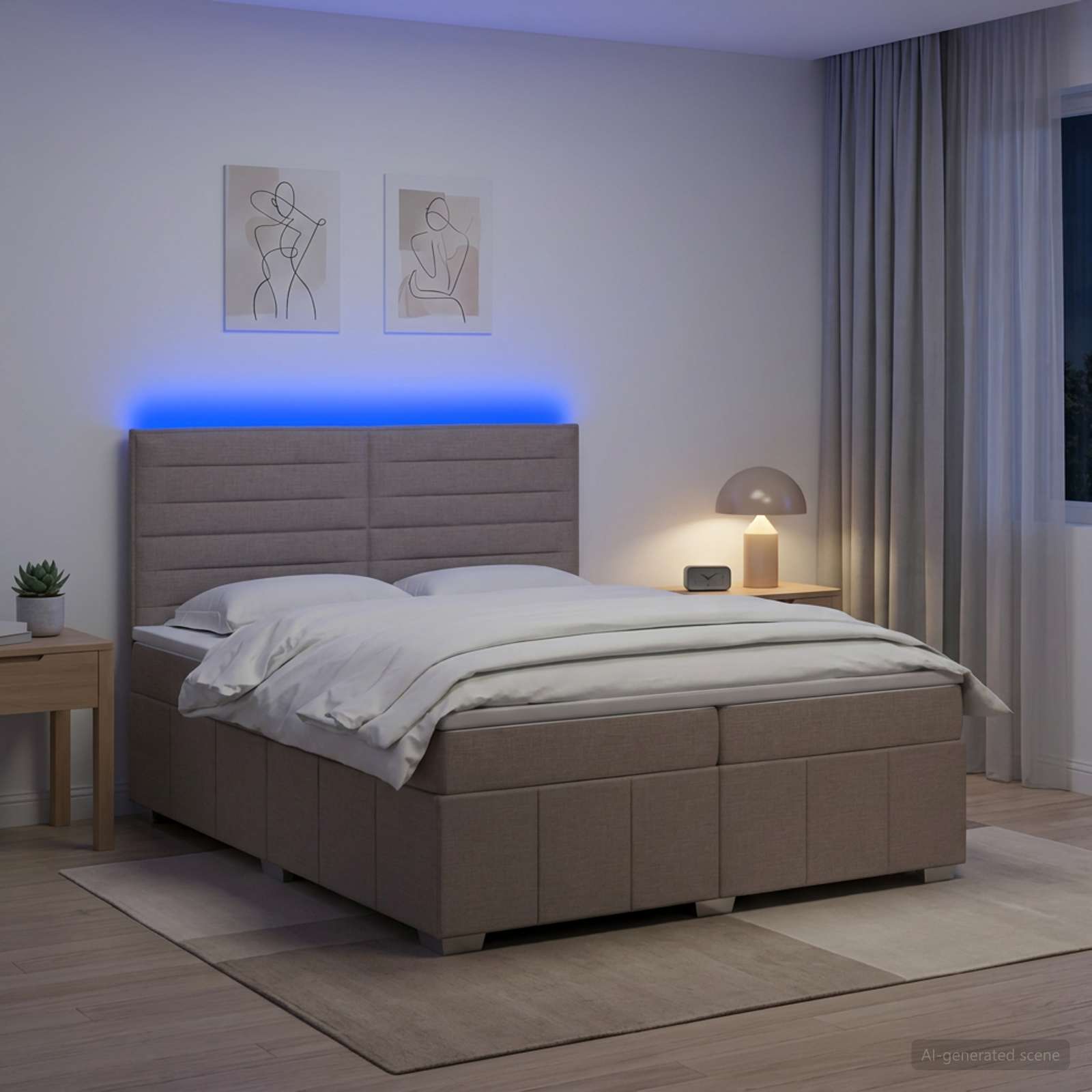 LED posteljni pod z vzmetnico Taupe 200 x 200 cm Blago