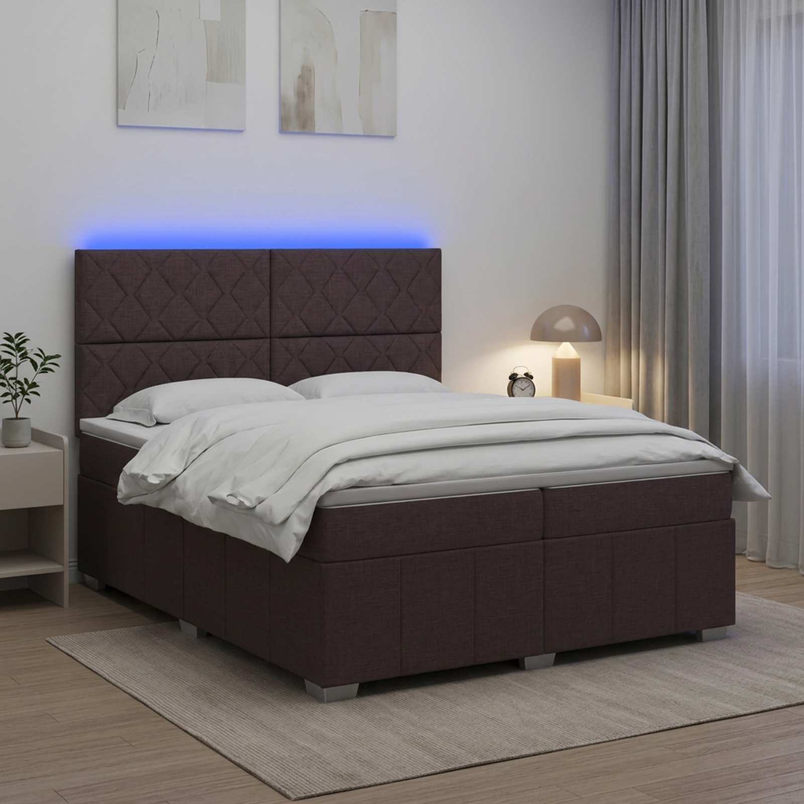 LED posteljni pod z vzmetnico Temno rjava 200 x 200 cm Blago