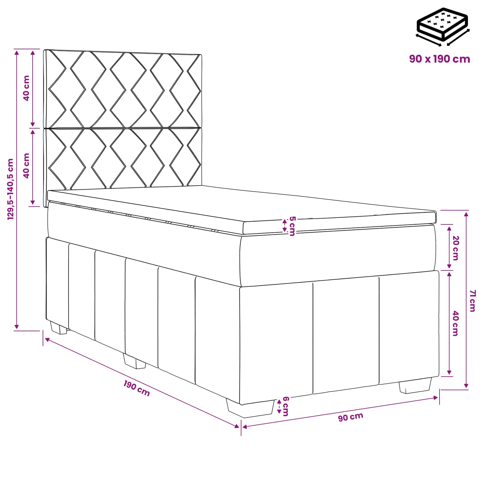LED posteljni pod z vzmetnico Temno siva 90 x 190 cm Blago