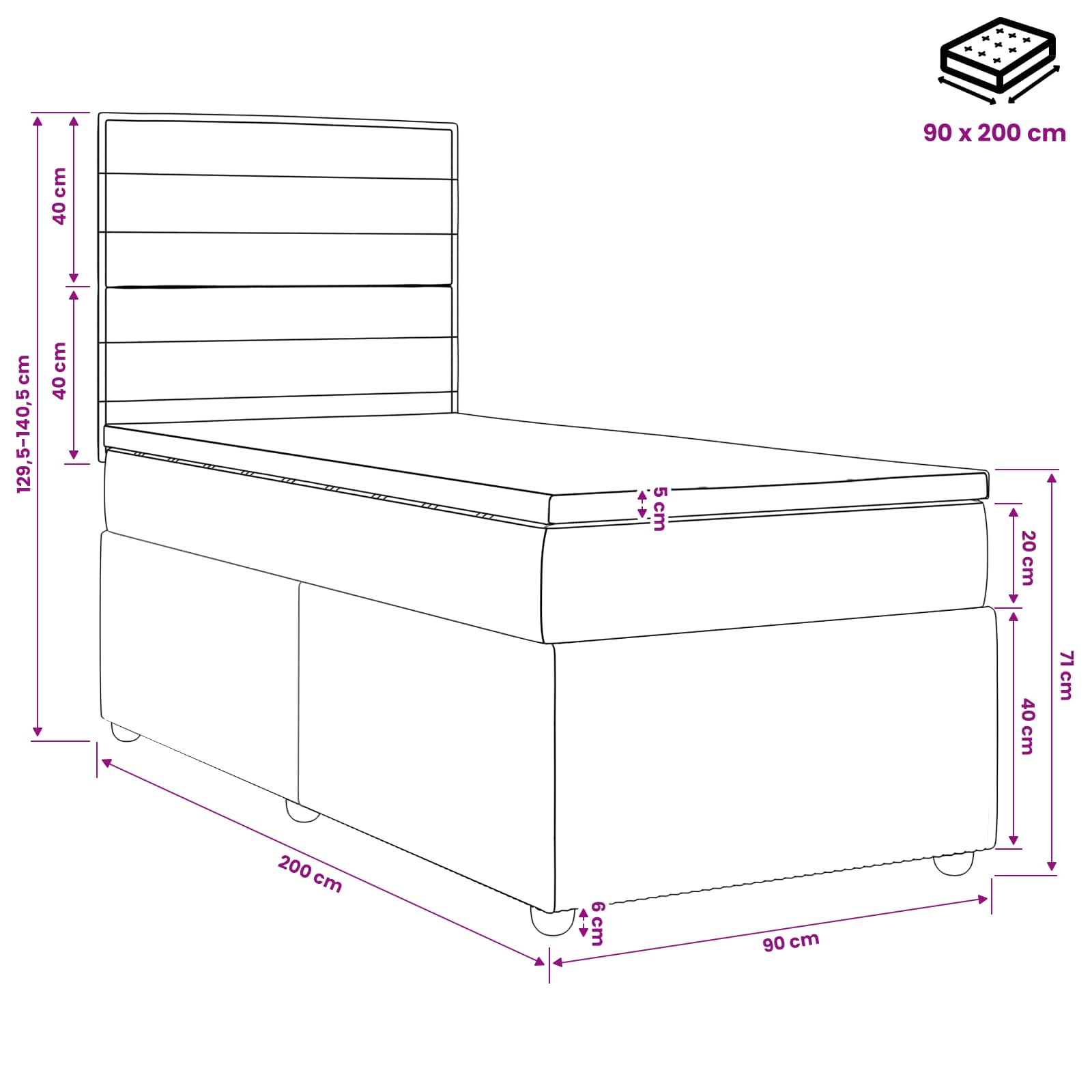 LED posteljni pod z vzmetnico Temno rjava 90 x 200 cm Blago