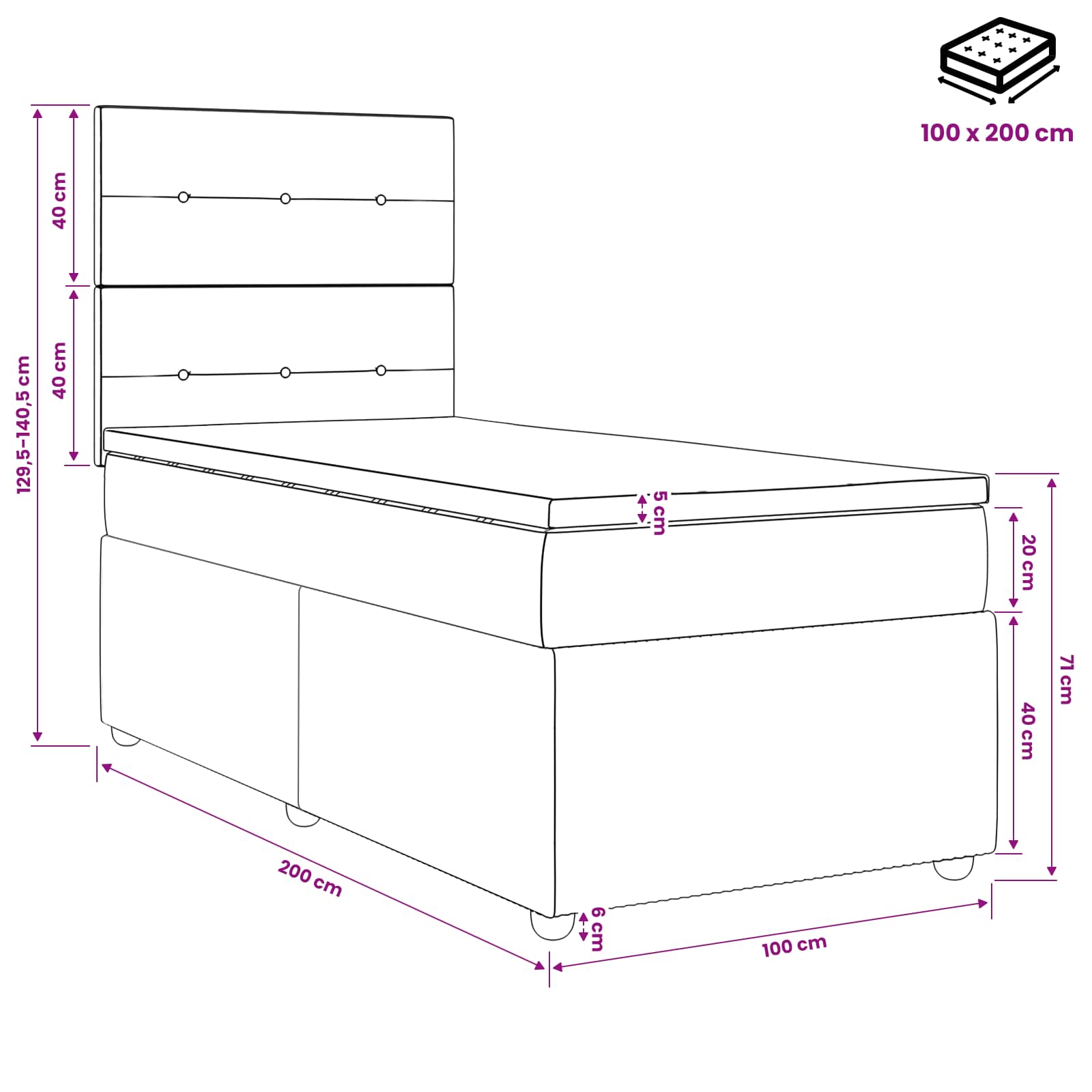 LED posteljni pod z vzmetnico Temno siva 100 x 200 cm Blago