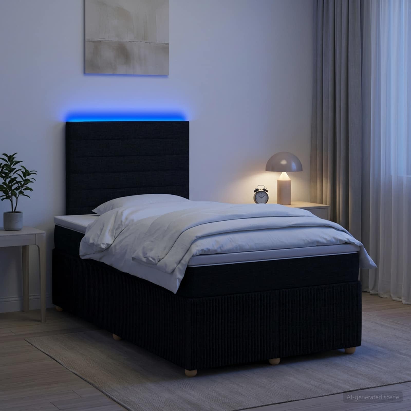 Boksmadrasseng med LED, madras og topmadras 120 x 190 cm - sort stof