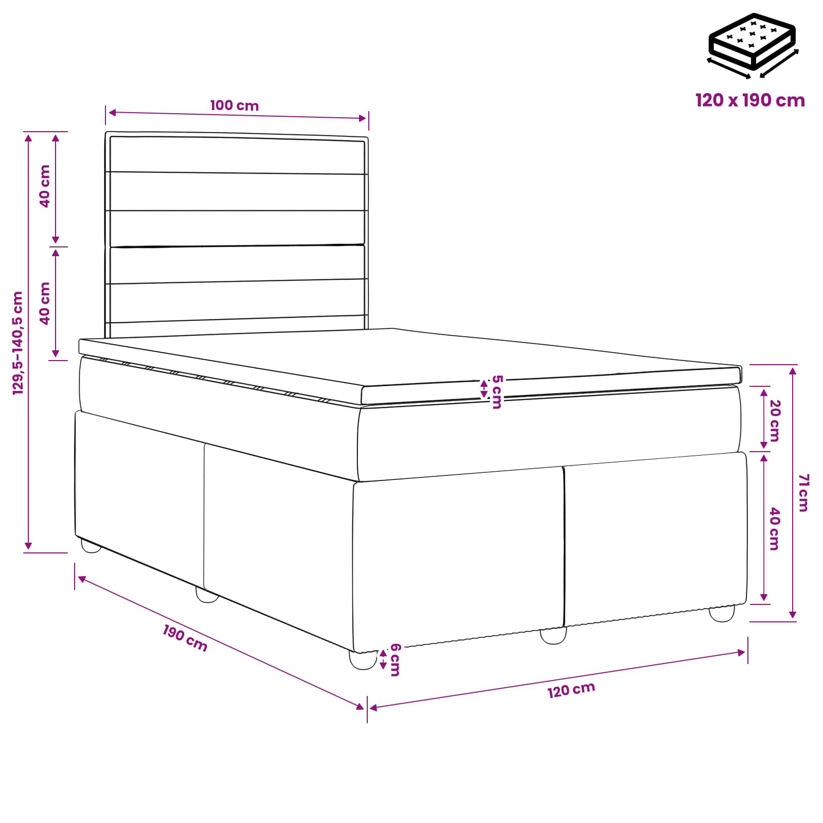 LED posteljni pod z vzmetnico Taupe 120 x 190 cm Blago