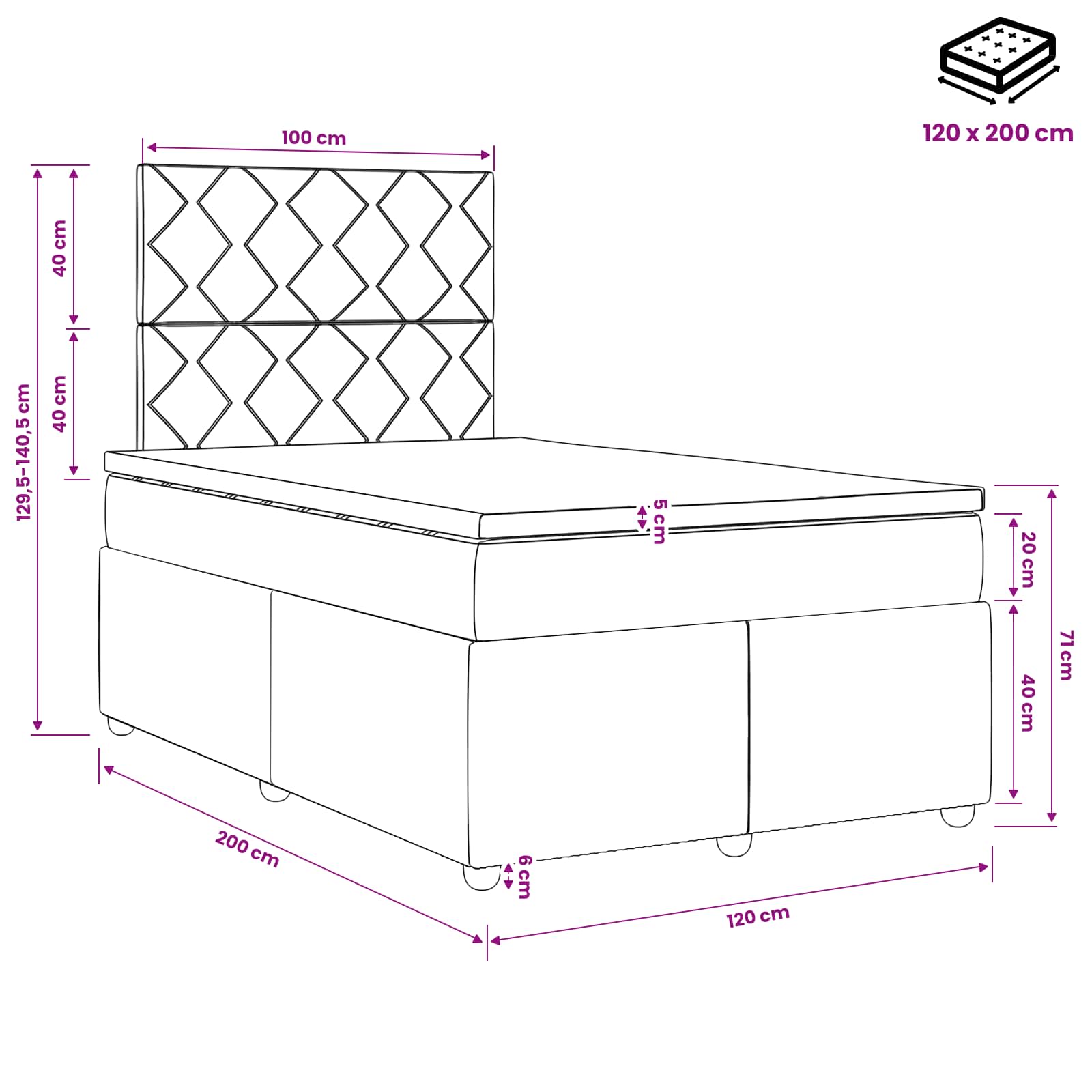 LED posteljni pod z vzmetnico Taupe 120 x 200 cm Blago
