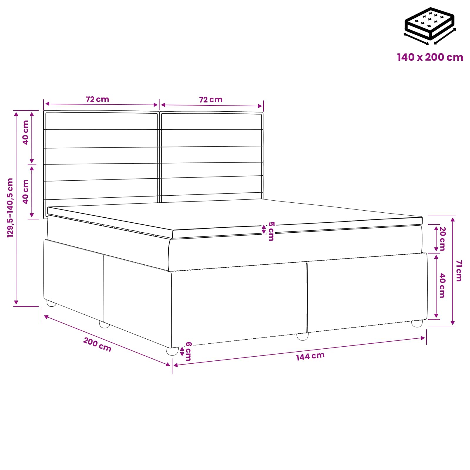 LED posteljni pod z vzmetnico Modra 140 x 200 cm Blago