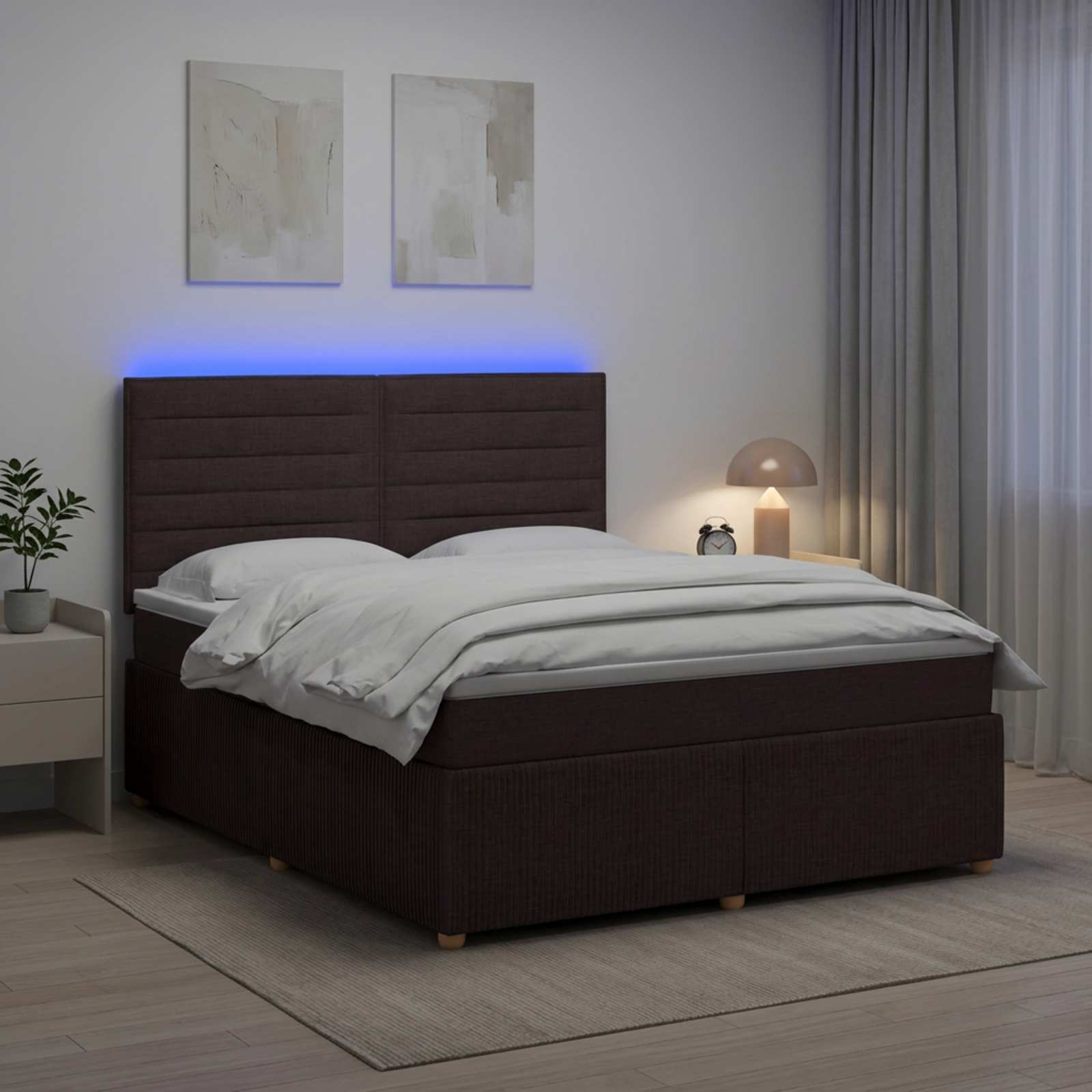 LED posteljni pod z vzmetnico Temno rjava 180 x 200 cm Blago