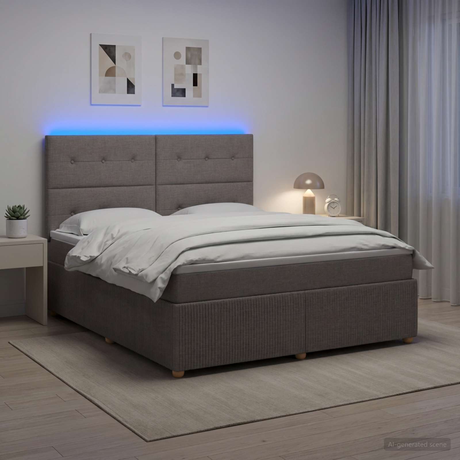 Boksmadrasseng med LED, madras og topmadras - gråbrun 160 x 200 cm