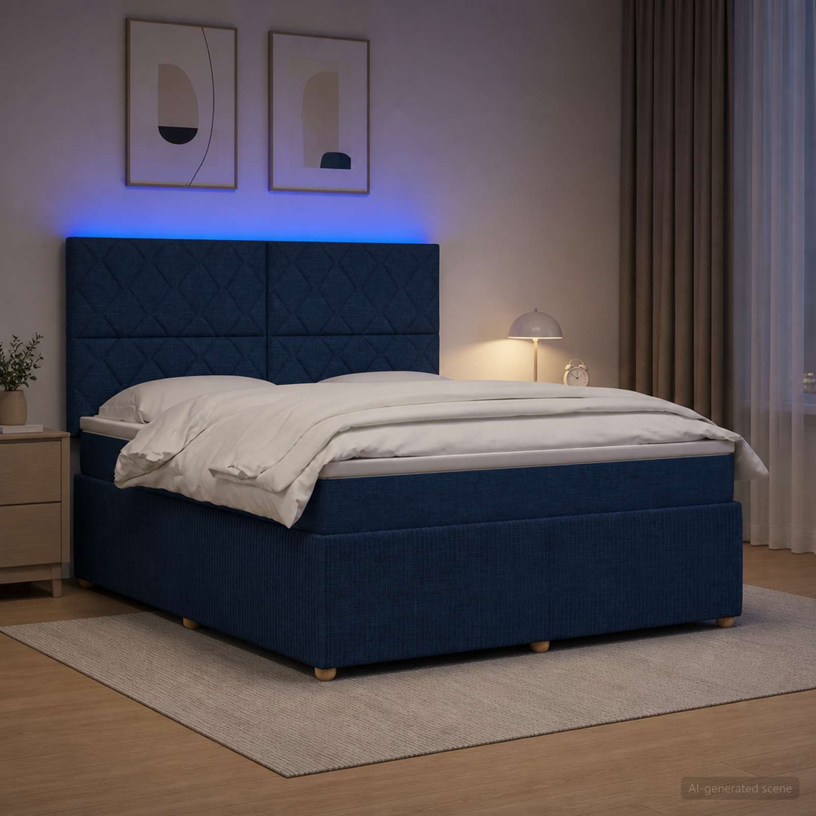 LED posteljni pod z vzmetnico Modra 160 x 200 cm Blago