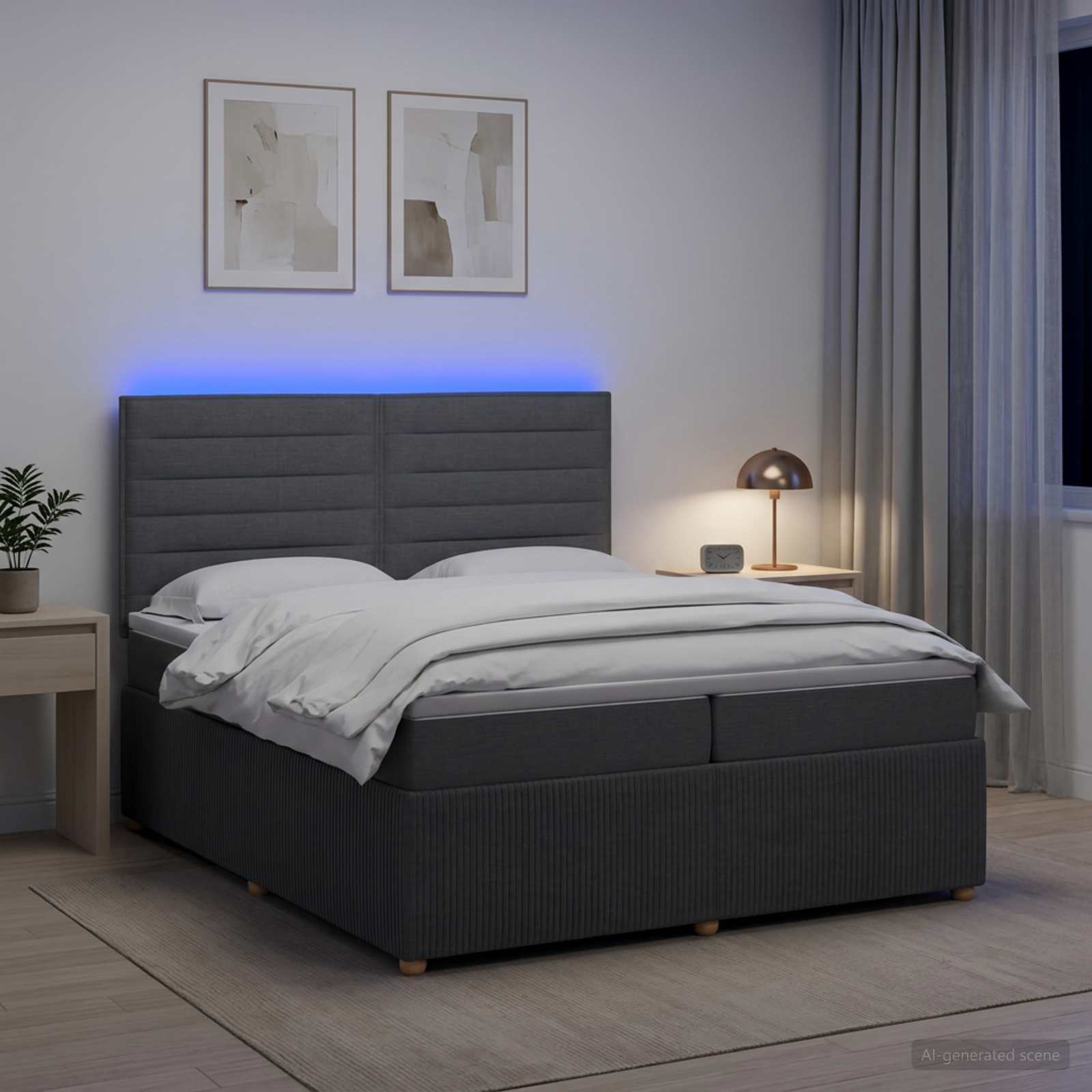 LED легло с матрак с LED ленти Тъмносиво 200 x 200 cm Текстил