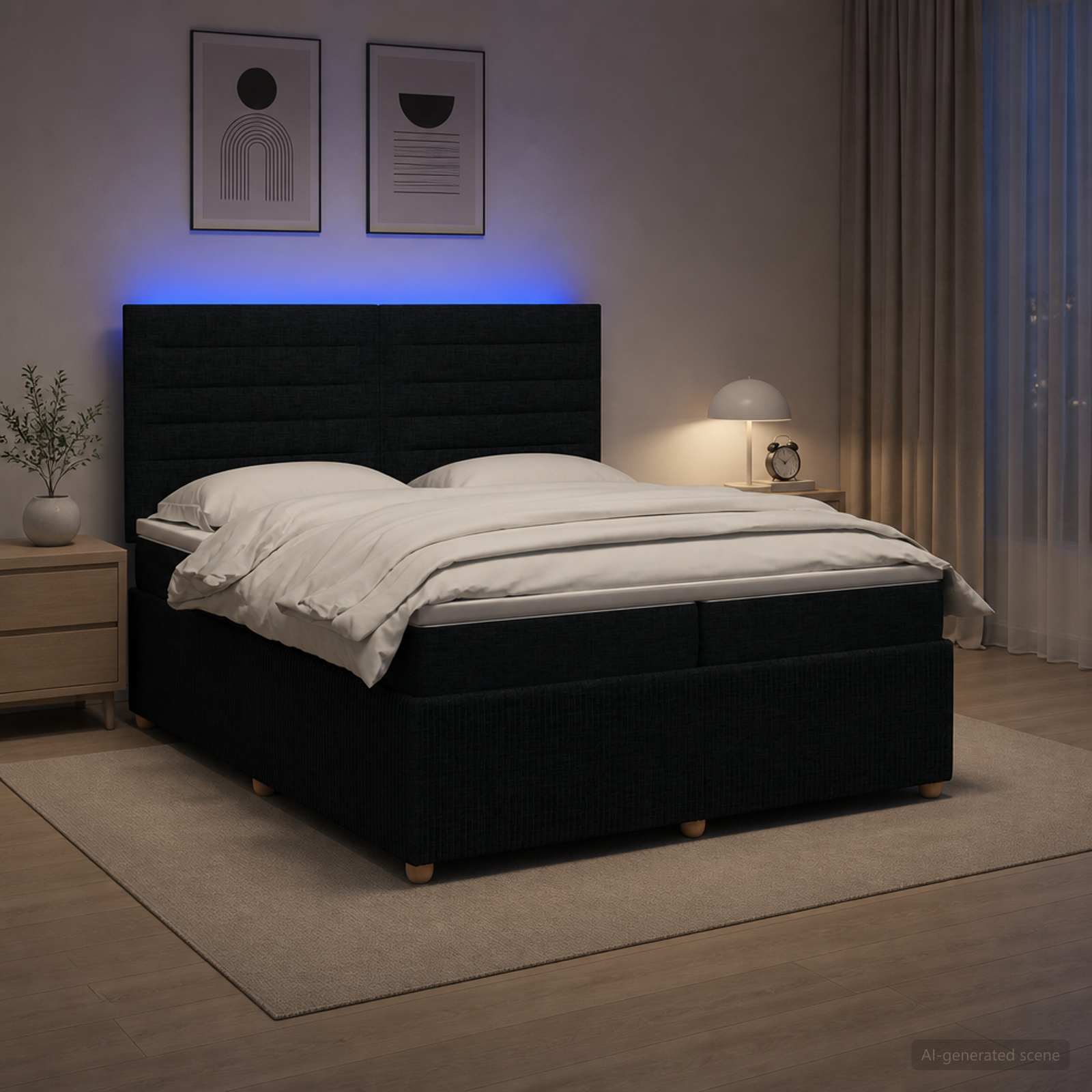 LED posteljni pod z vzmetnico Črna 200 x 200 cm Blago