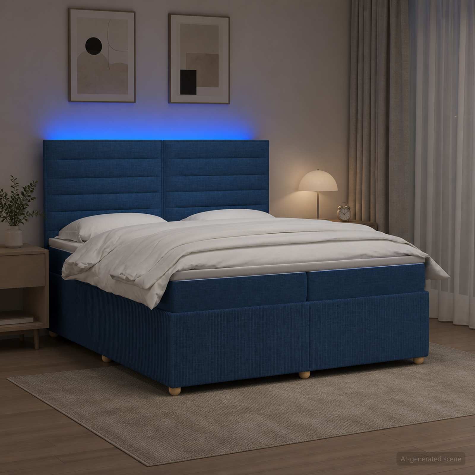 LED posteljni pod z vzmetnico Modra 200 x 200 cm Blago