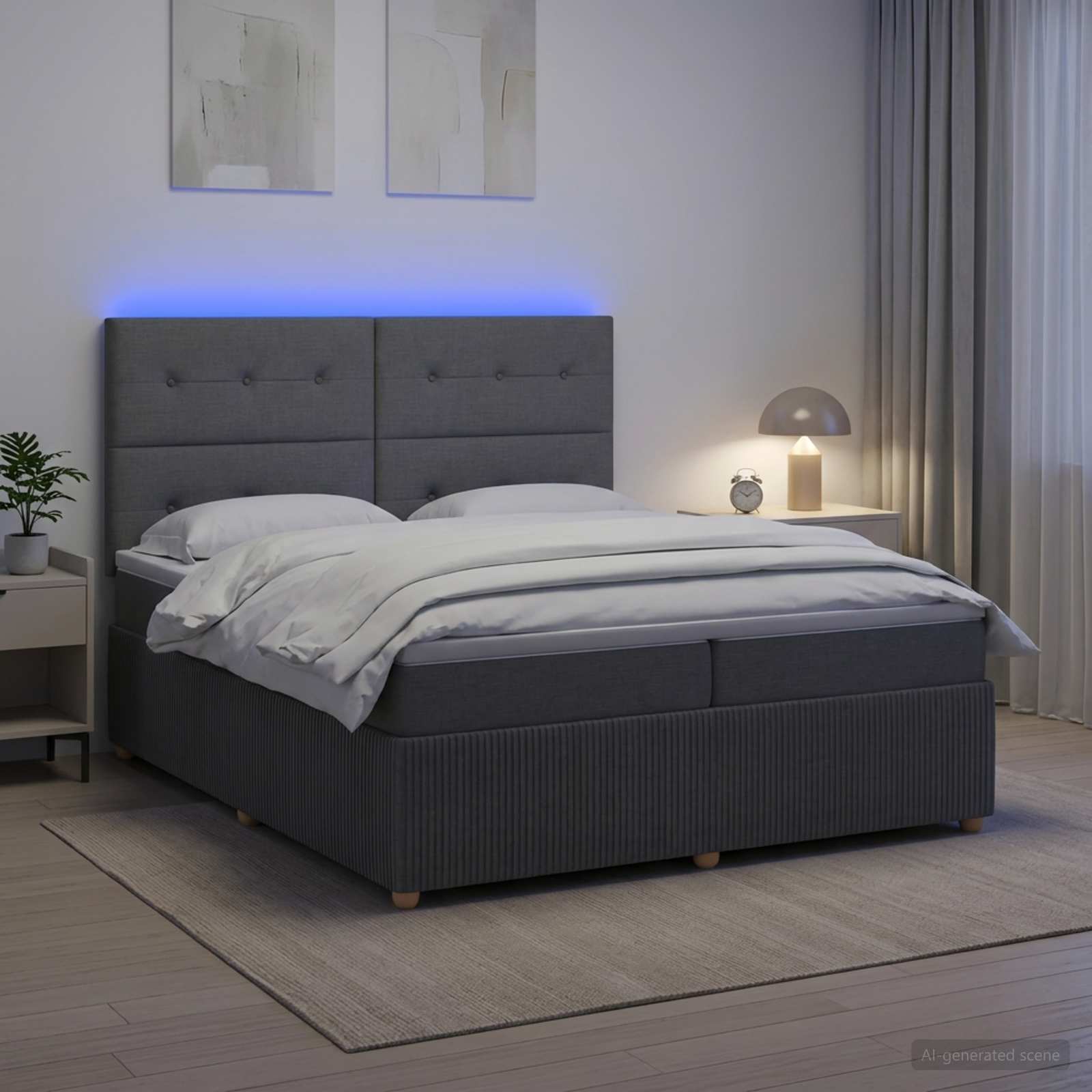 LED posteljni pod z vzmetnico Temno siva 200 x 200 cm Blago