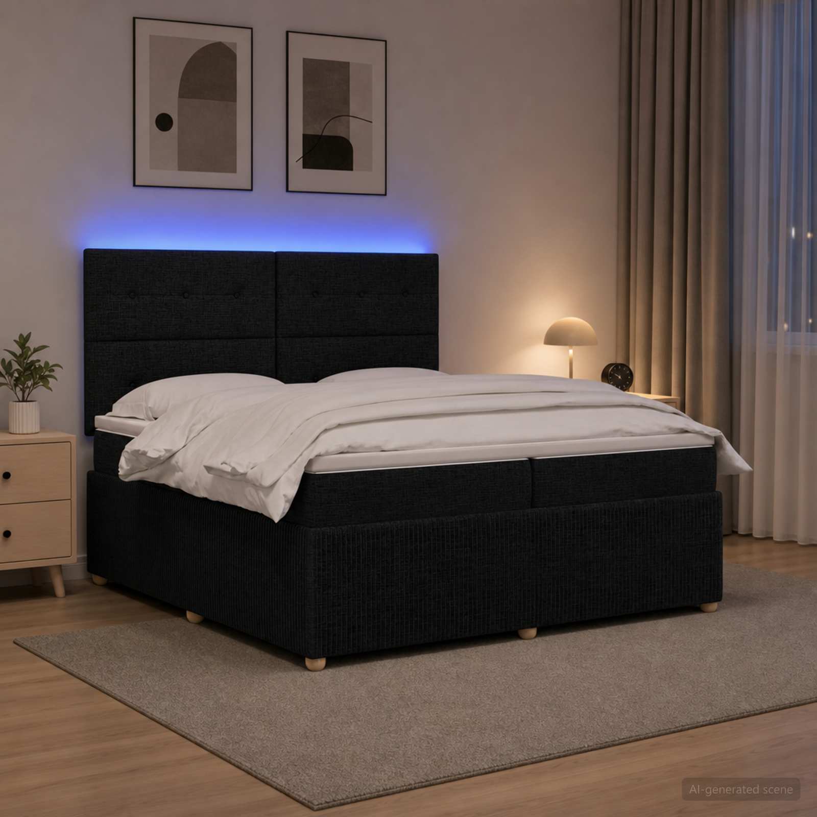 LED posteljni pod z vzmetnico Črna 200 x 200 cm Blago