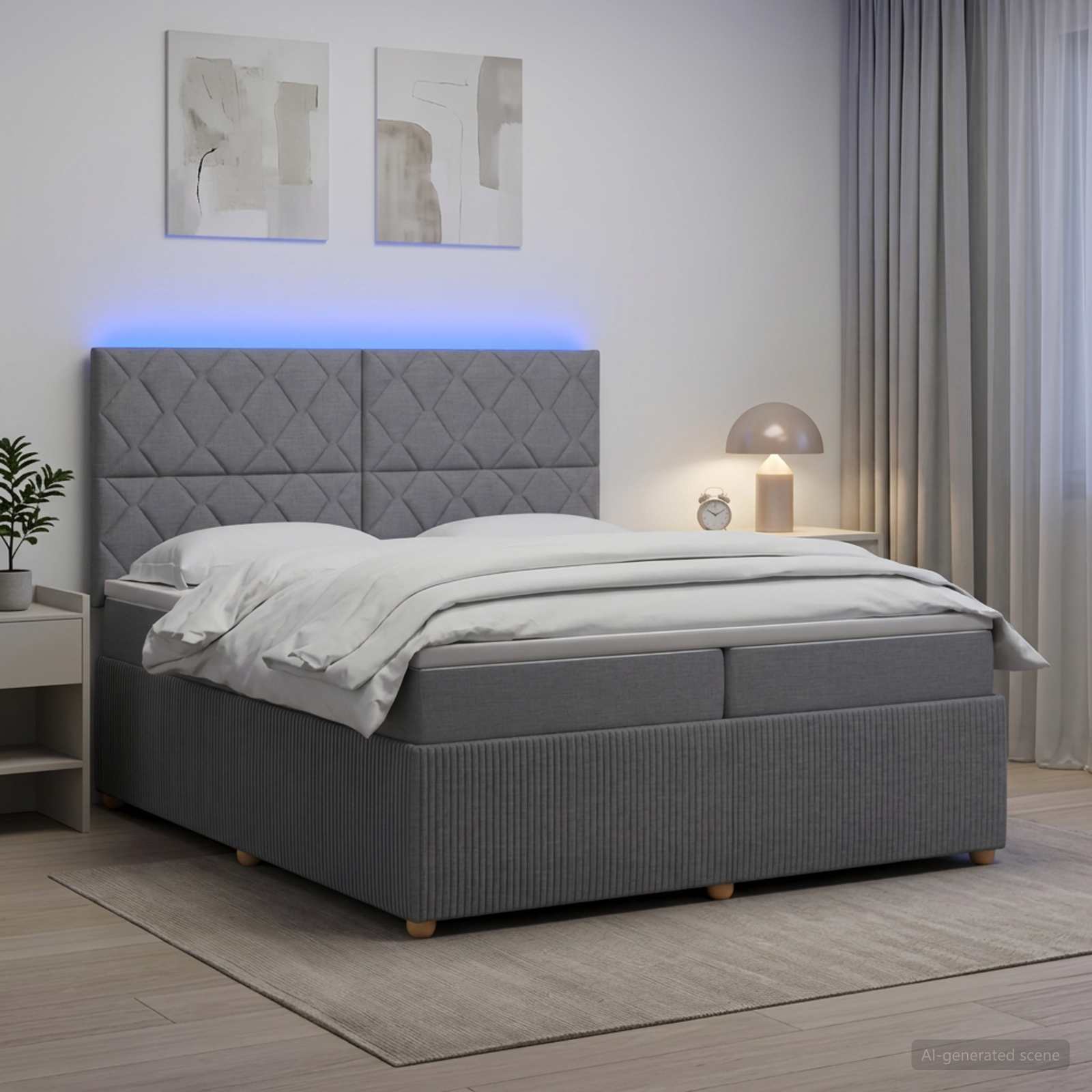 vidaXL LED boksmadrasseng med madras Lysegrå 200 x 200 cm Stof