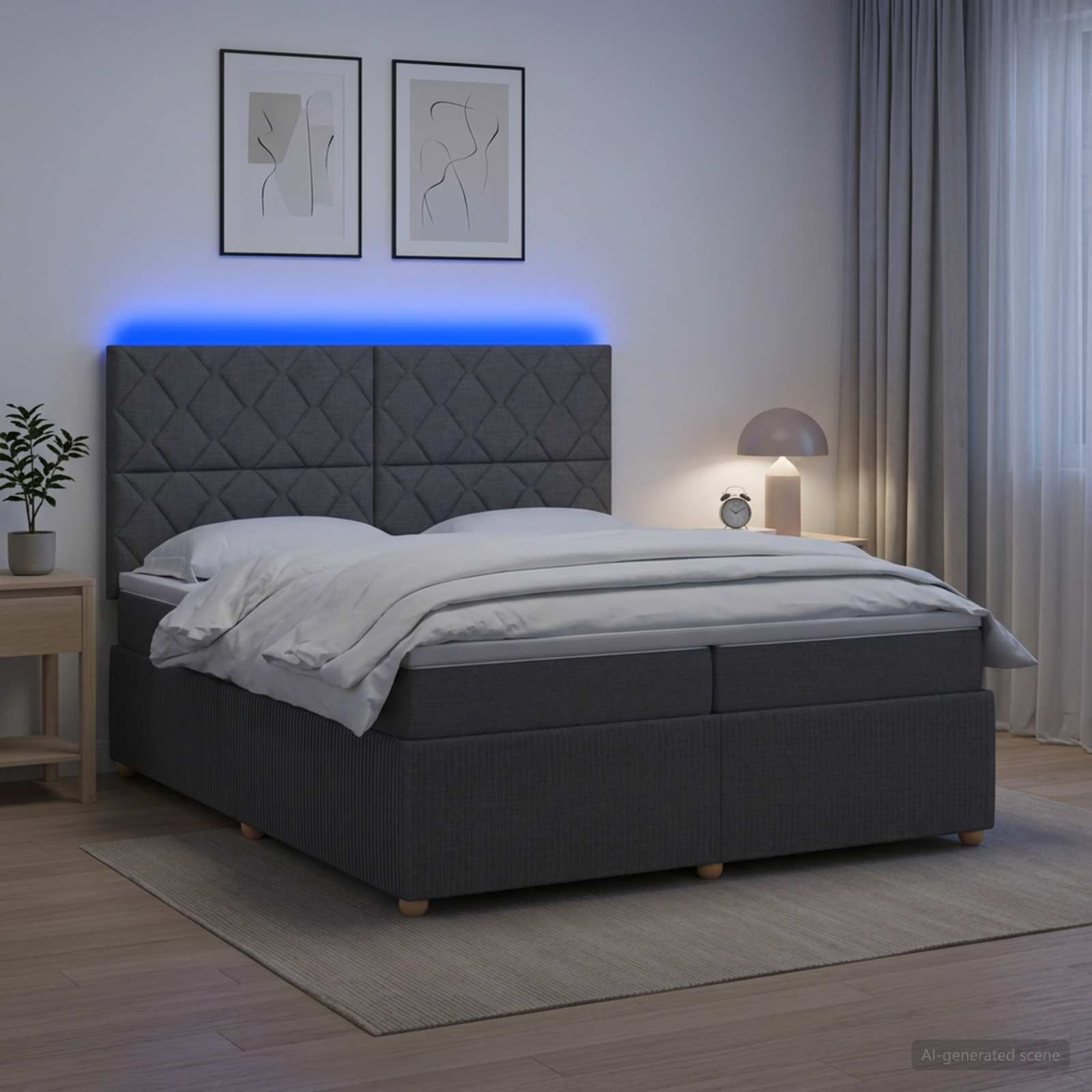 LED posteljni pod z vzmetnico Temno siva 200 x 200 cm Blago