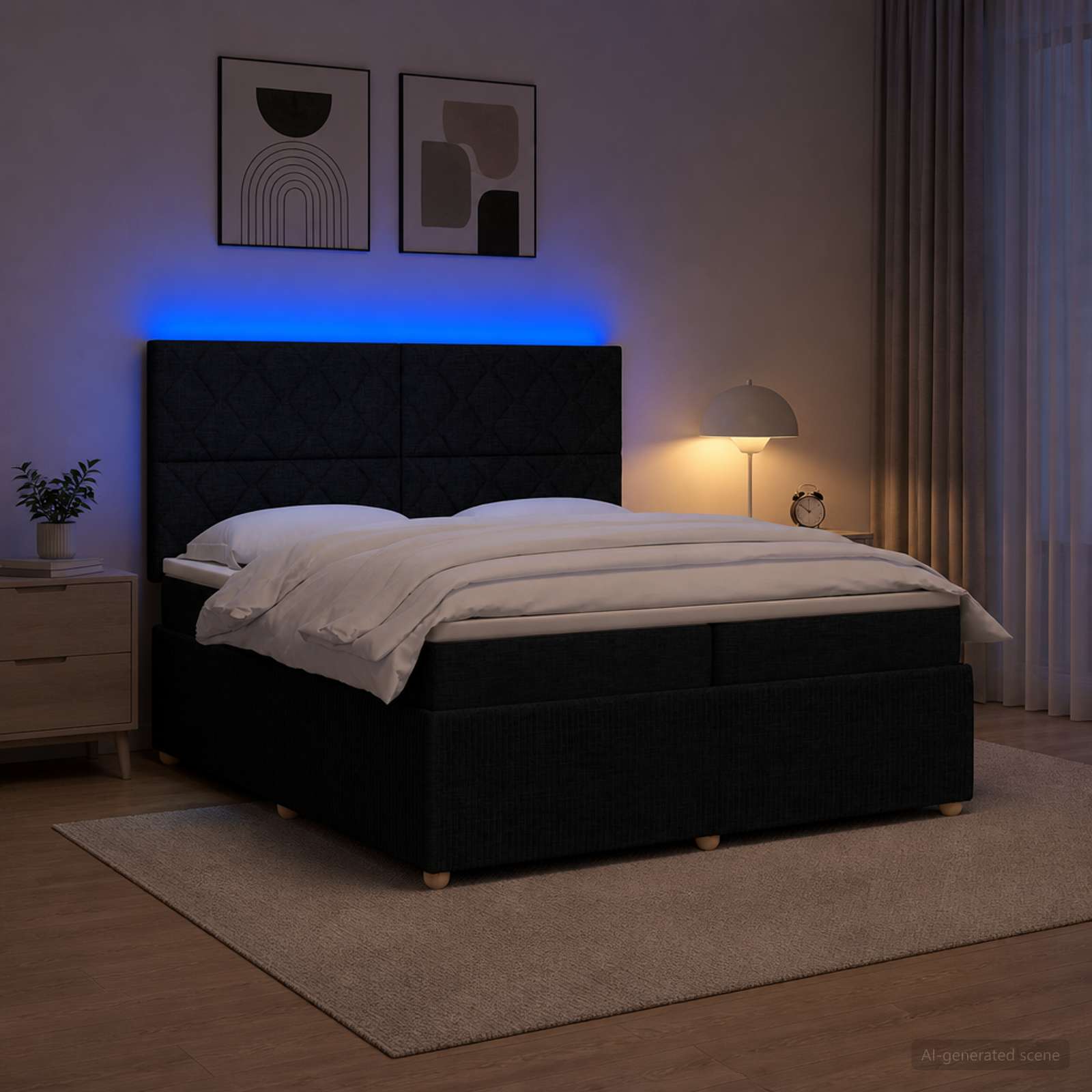 LED posteljni pod z vzmetnico Črna 200 x 200 cm Blago