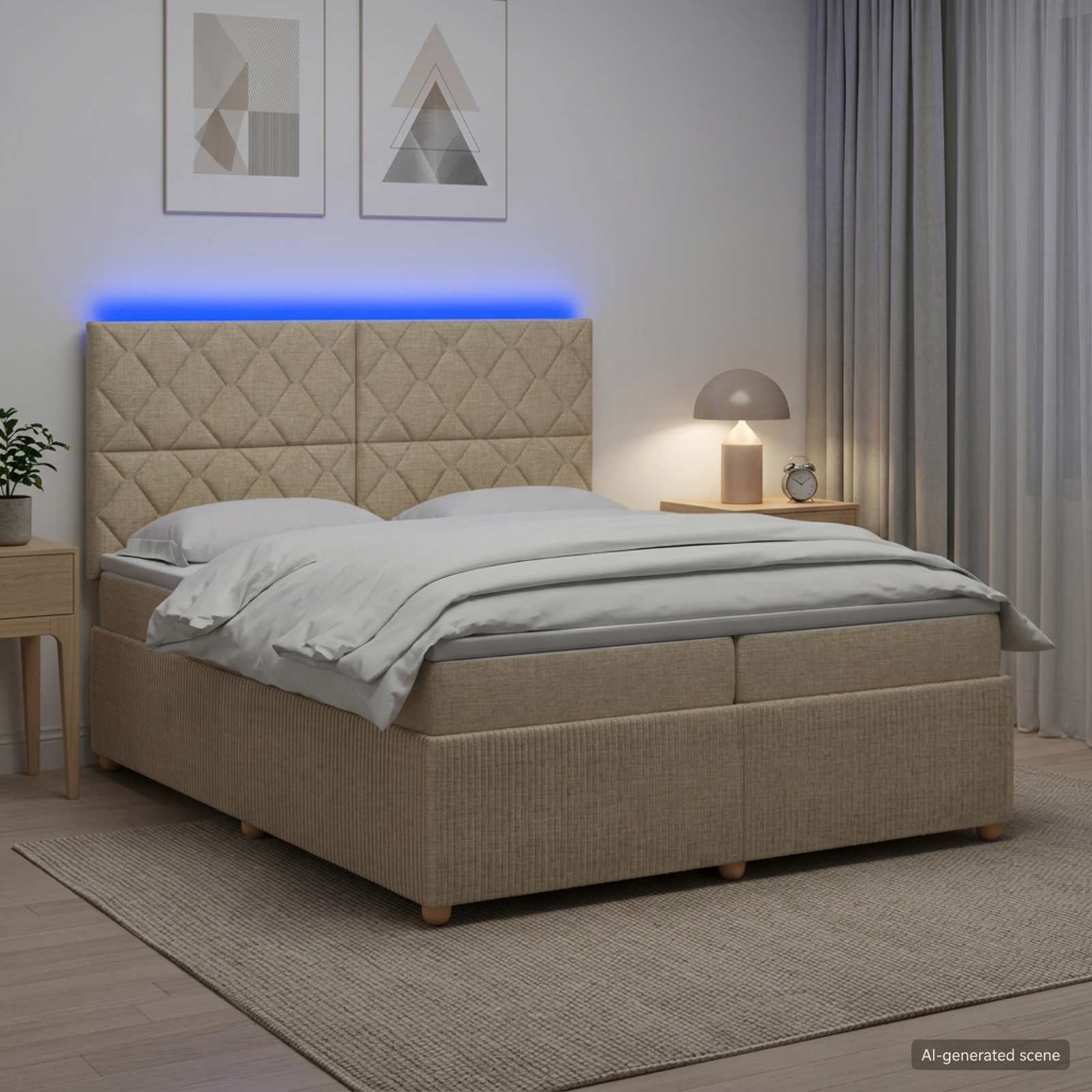 LED boksmadrasseng 200 x 200 cm med madras og justerbart hovedgærde - cremefarvet stof