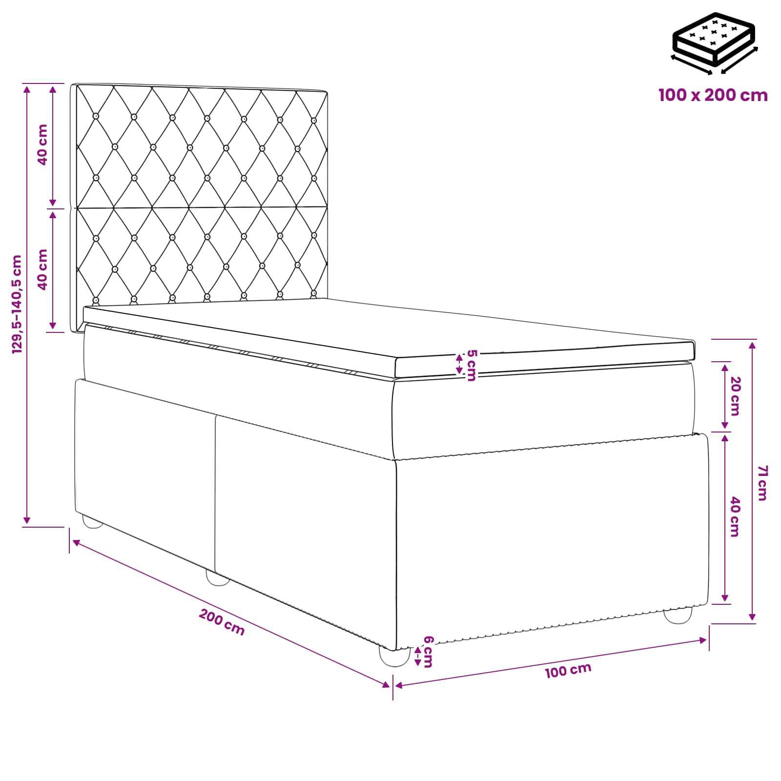 LED posteljni pod z vzmetnico Roza 100 x 200 cm Žamet