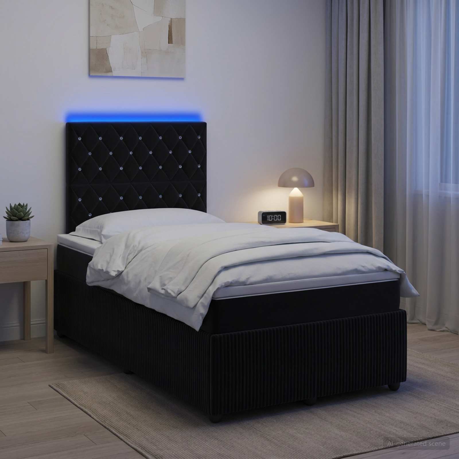 LED posteljni pod z vzmetnico Črna 120 x 190 cm Žamet