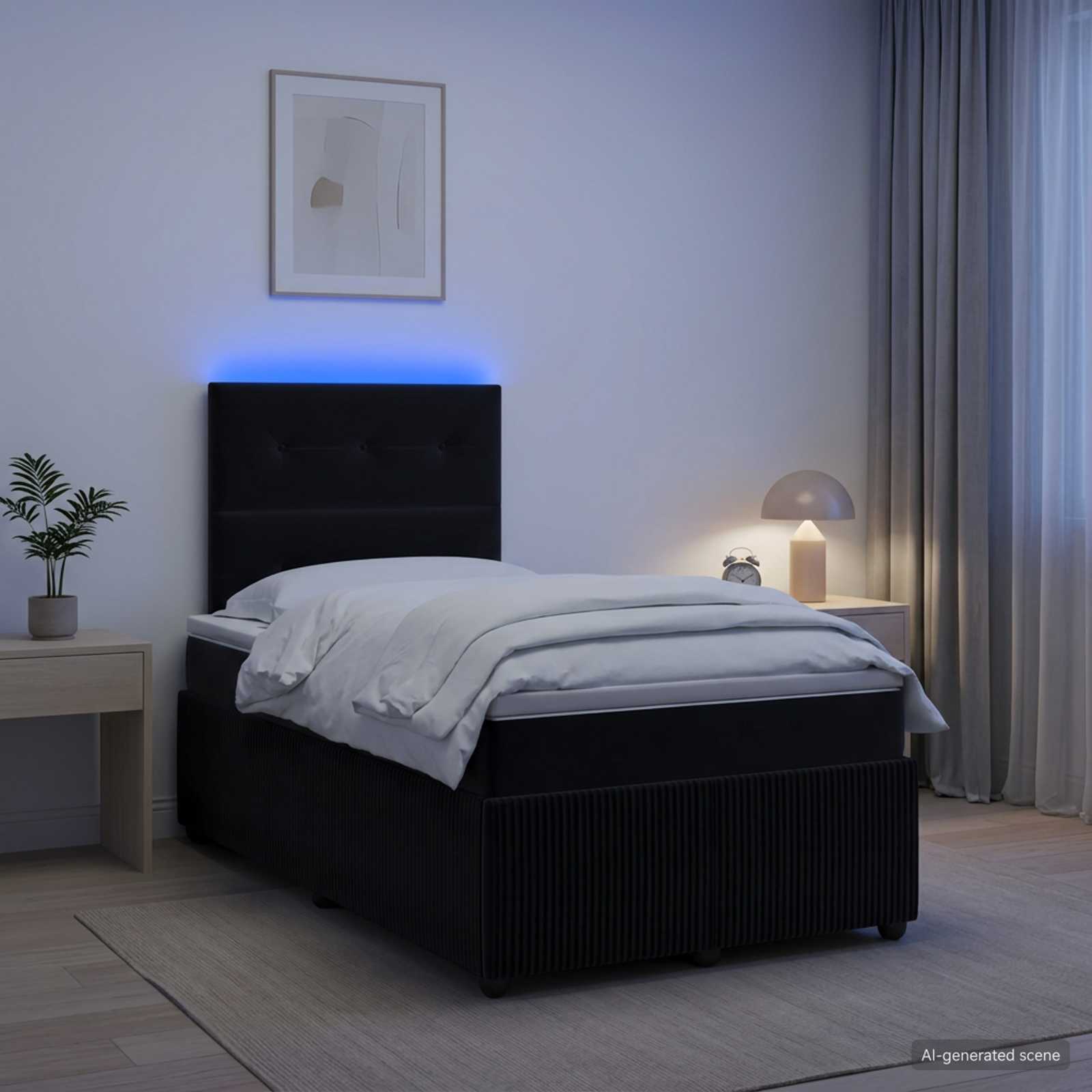 LED boksmadrasseng med opbevaring, madras og topmadras - sort 120 x 190 cm fløjl