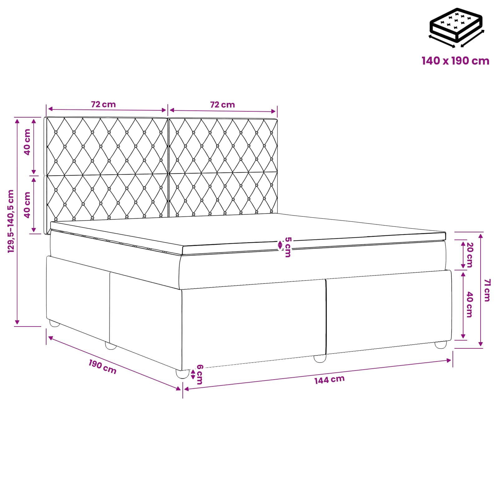 LED posteljni pod z vzmetnico Črna 140 x 190 cm Žamet