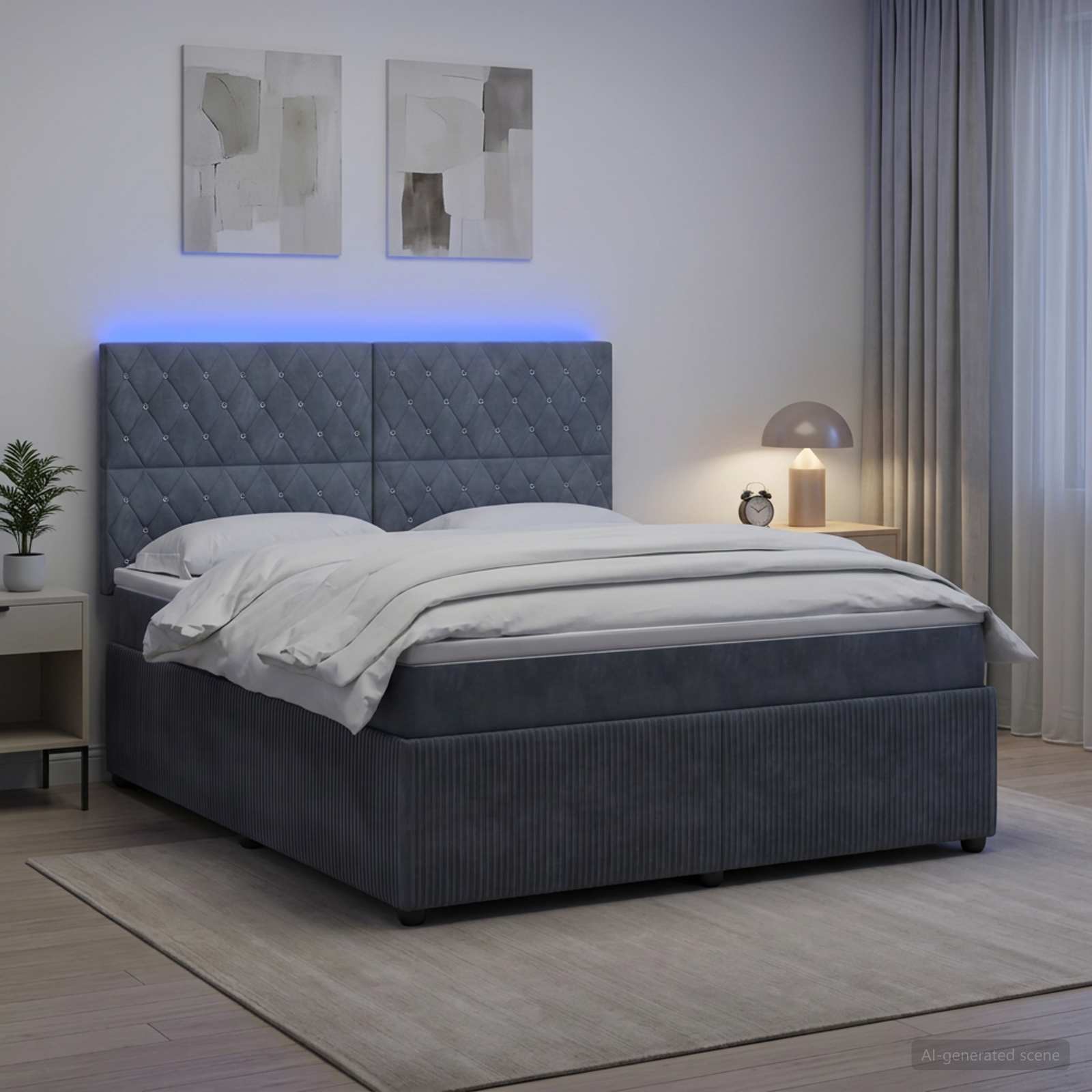 LED posteljni pod z vzmetnico Temno siva 140 x 190 cm Žamet