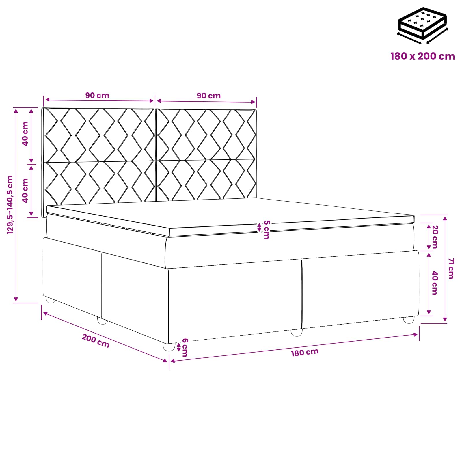 LED posteljni pod z vzmetnico Črna 180 x 200 cm Žamet