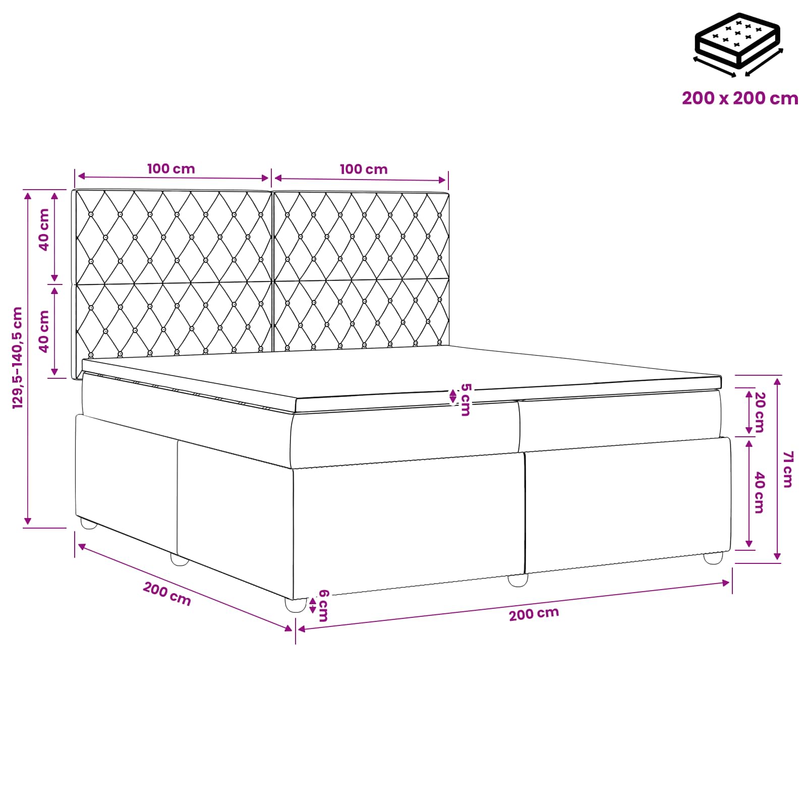 LED posteljni pod z vzmetnico Temno siva 200 x 200 cm Žamet