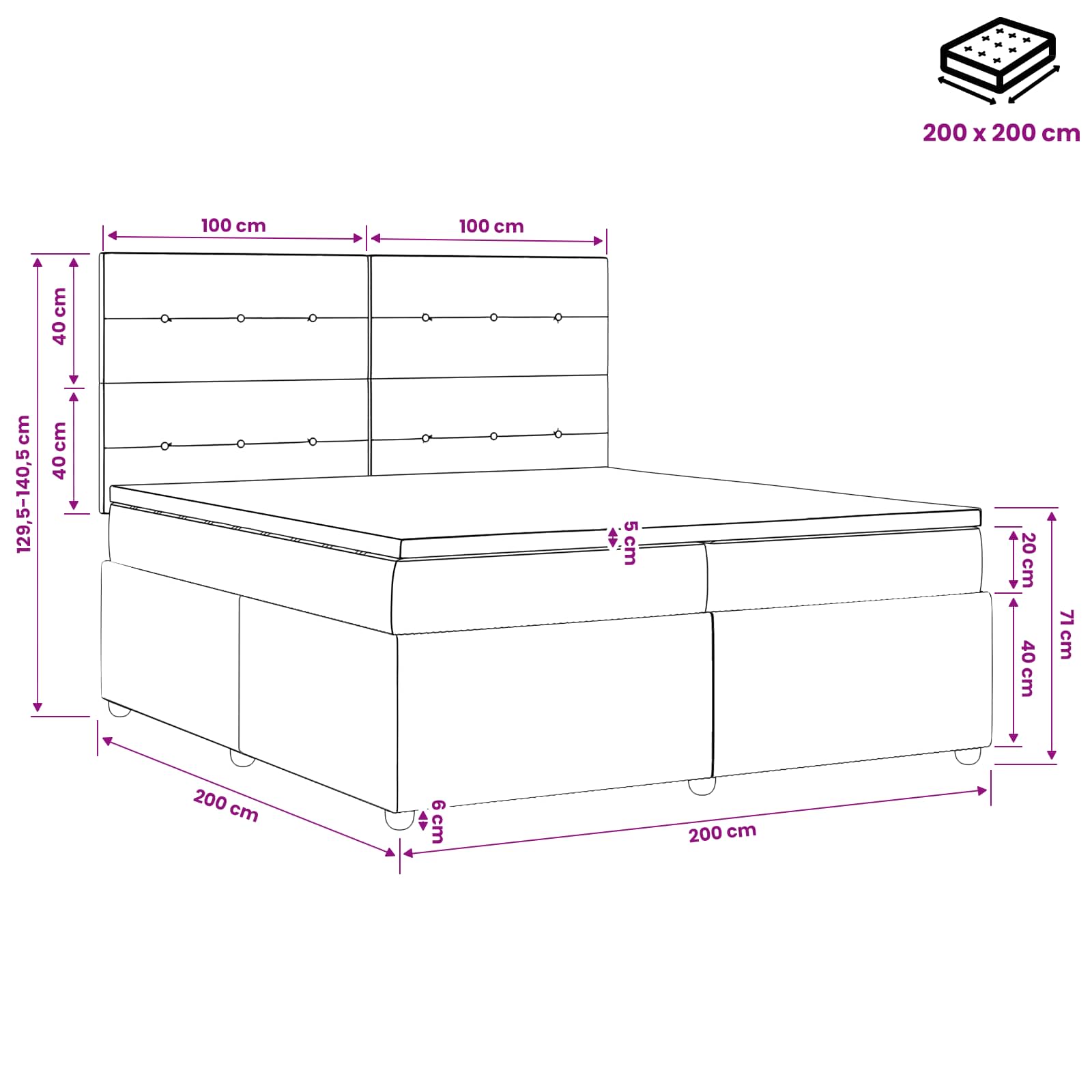 LED posteljni pod z vzmetnico Svetlo siva 200 x 200 cm Žamet