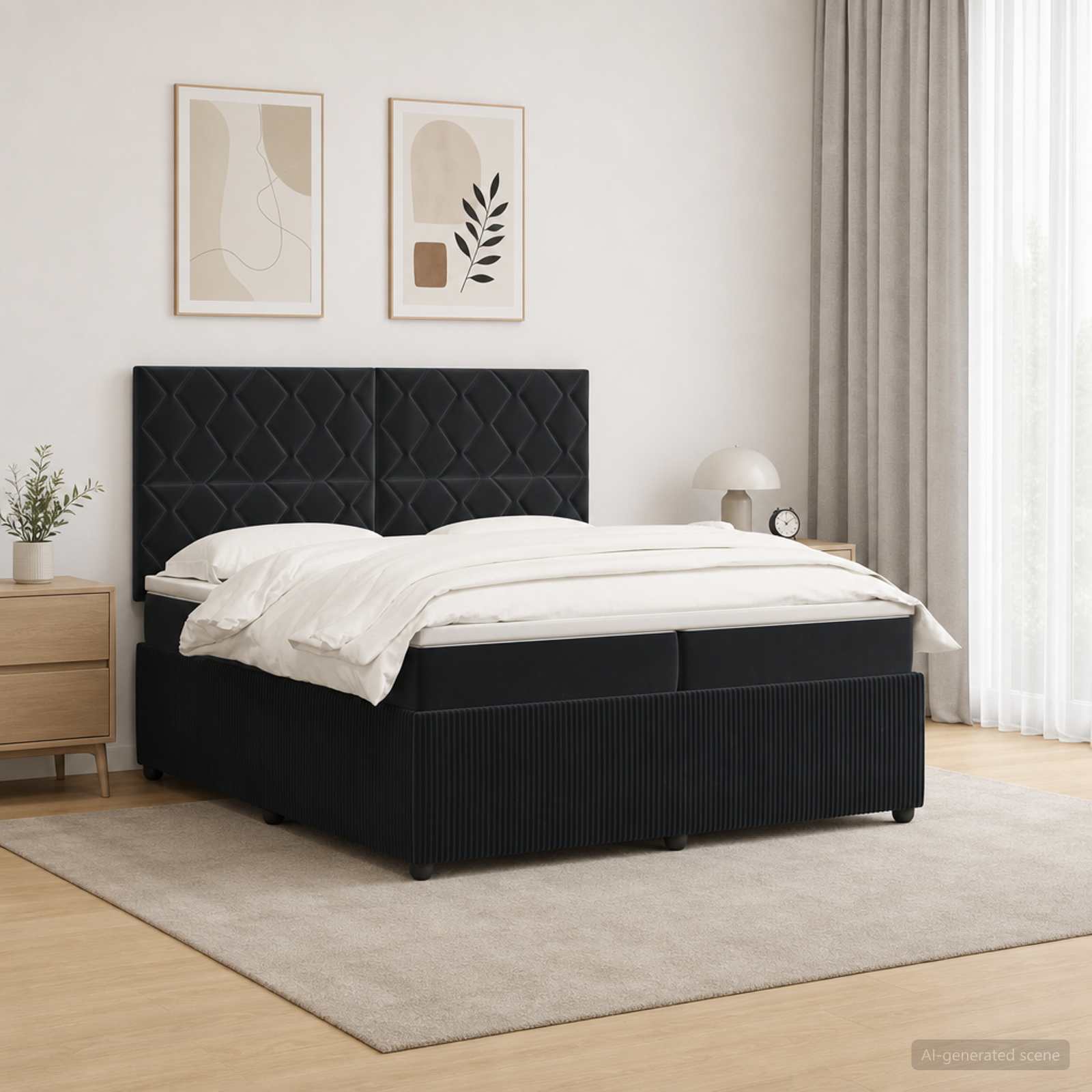 Boksmadrasseng med LED, madrasser og topmadras - sort fløjl 200 x 200 cm