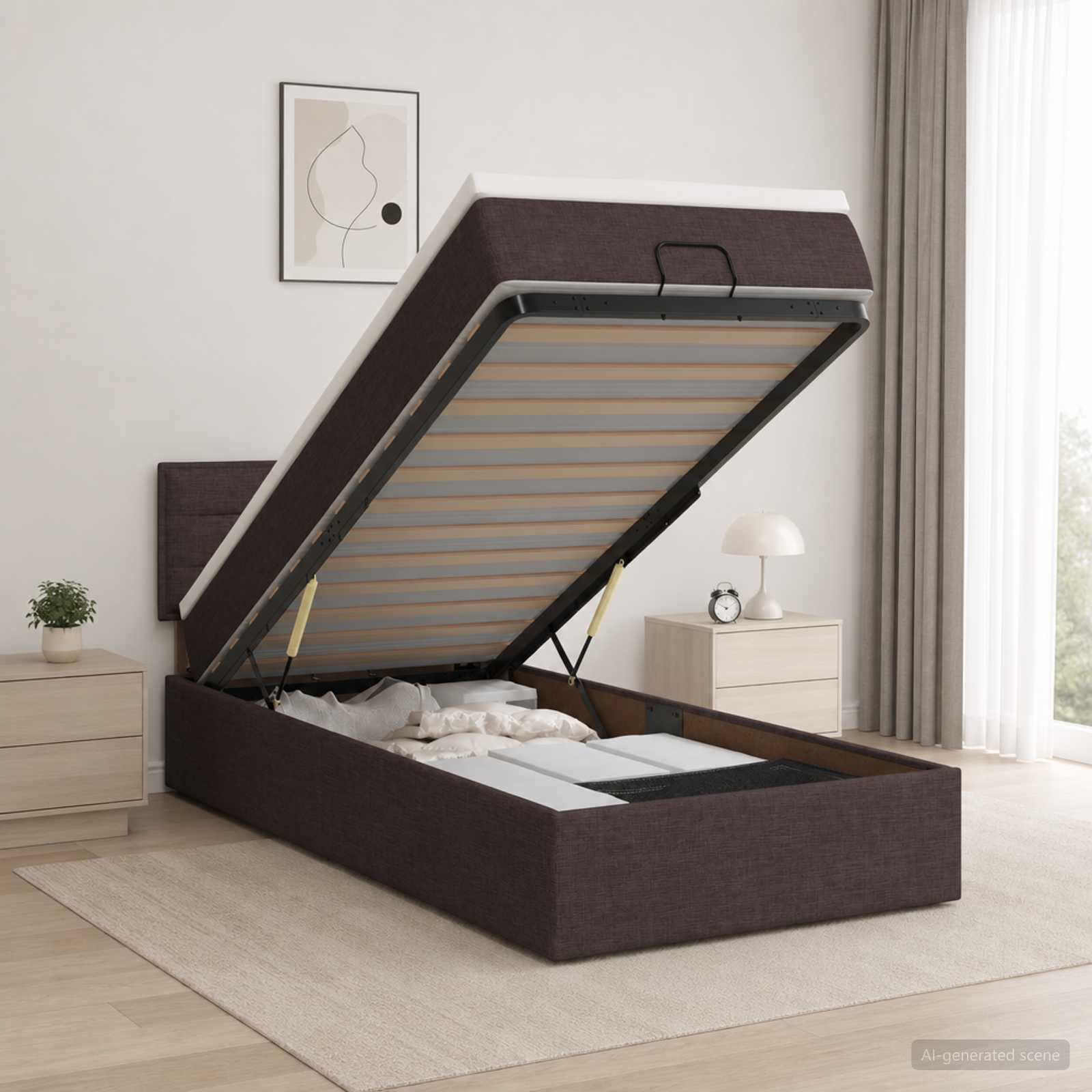 Ottoman Bed met Matrassen en LED Donkerbruin 90 x 190 cm Stof – afbeelding 1