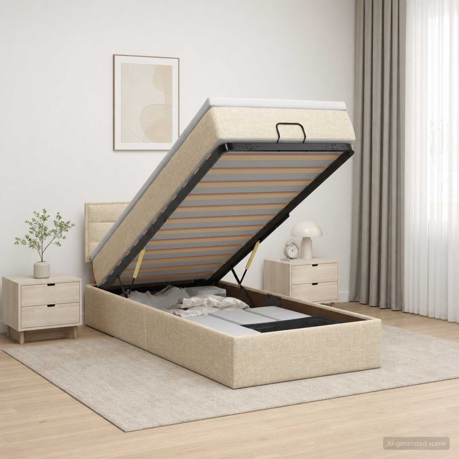 Ottoman Bed met Matrassen en LED Crèmekleurig 100 x 200 cm Stof – afbeelding 1