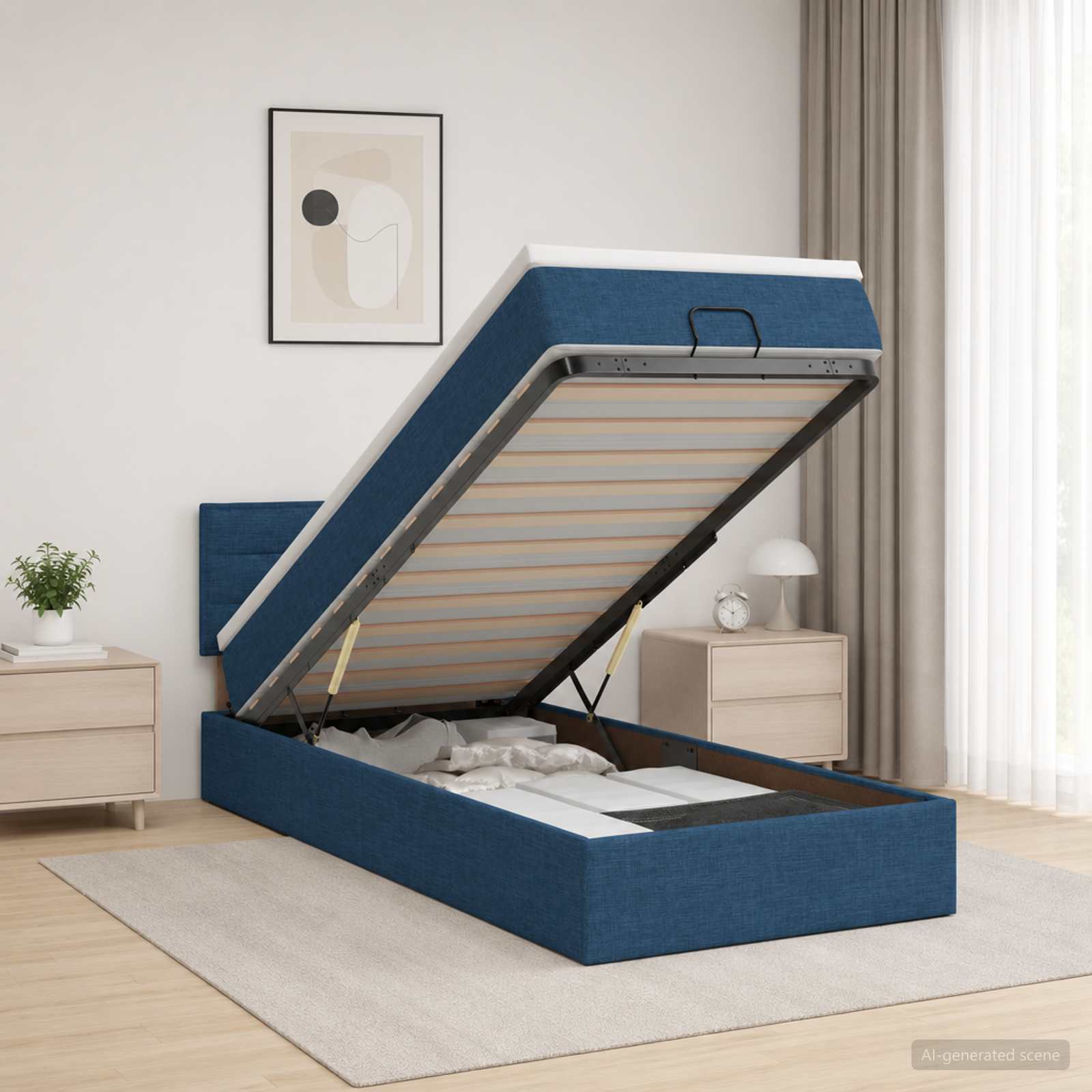 Ottoman Bed met Matrassen en LED Blauw 100 x 200 cm Stof – afbeelding 1