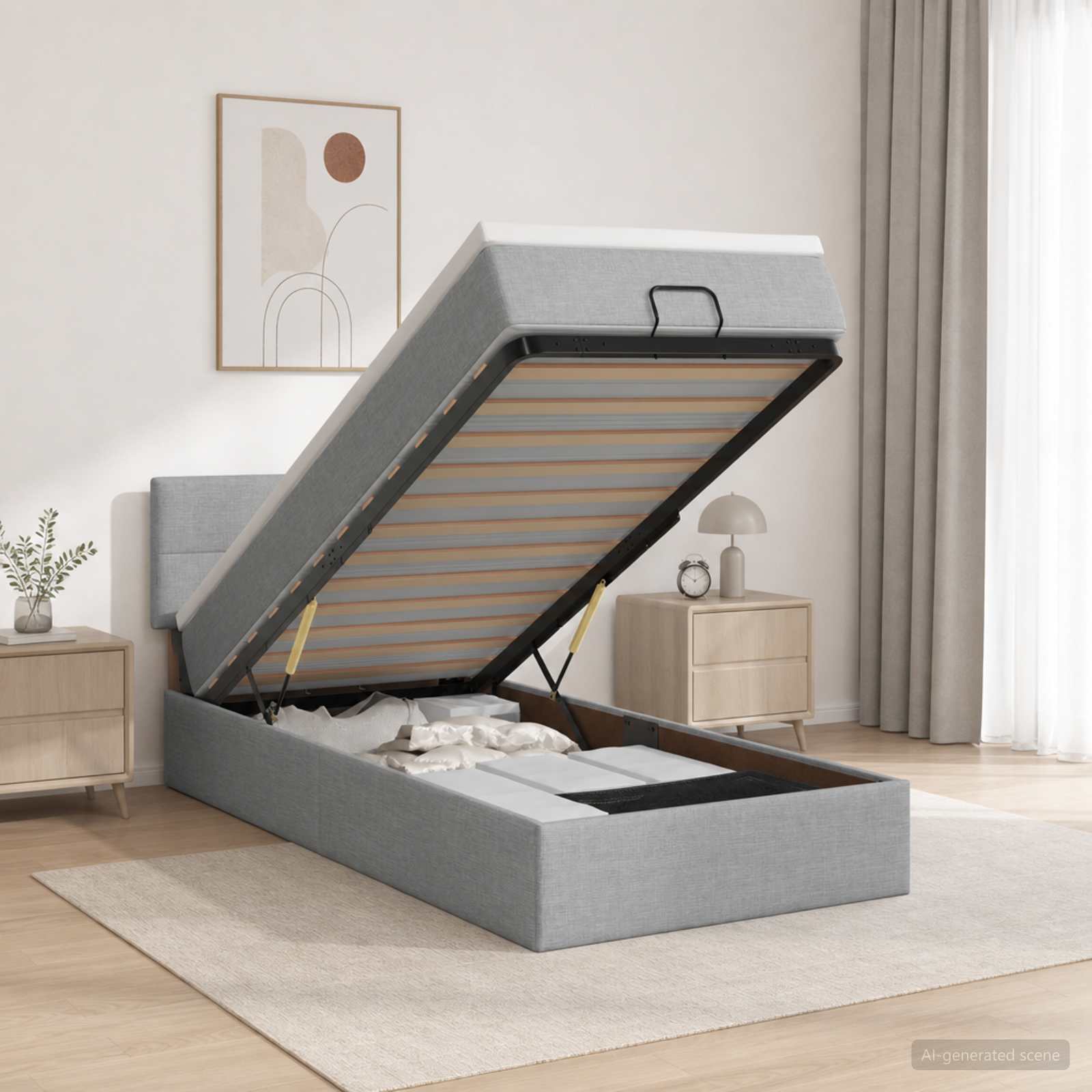 Ottoman Bed met Matrassen en LED Lichtgrijs 90 x 200 cm Stof – afbeelding 1