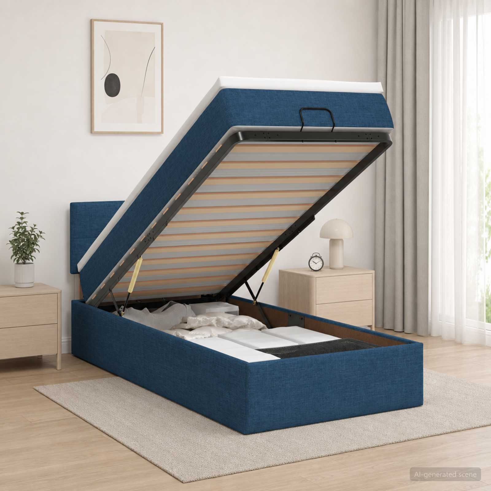 Ottoman Bed met Matrassen en LED Blauw 90 x 200 cm Stof – afbeelding 1