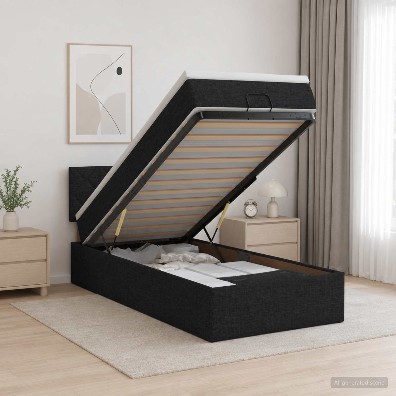 Ottoman Bed met Matrassen en LED Zwart 90 x 190 cm Stof – afbeelding 1