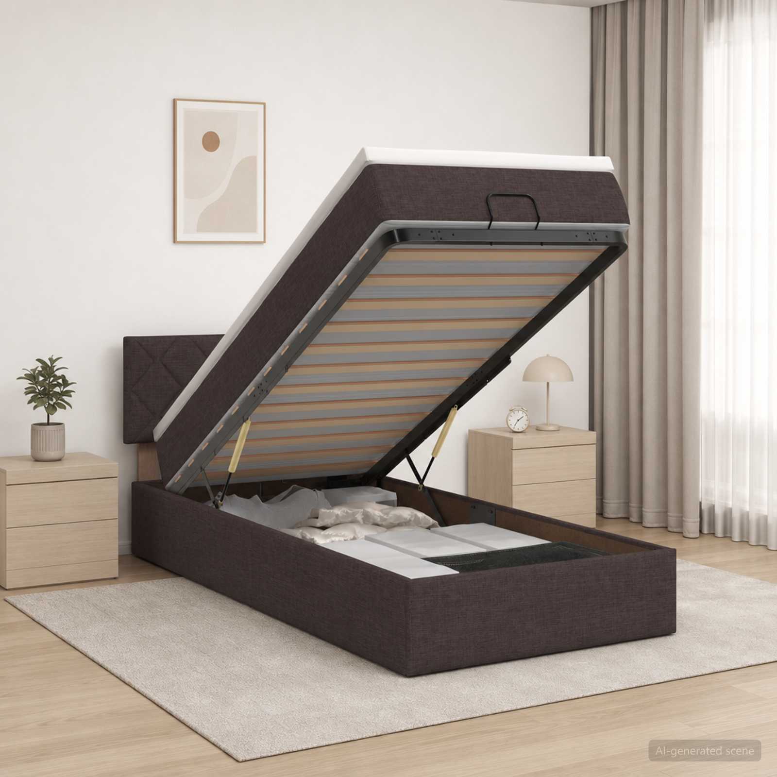 Ottoman Bed met Matrassen en LED Donkerbruin 90 x 190 cm Stof – afbeelding 1
