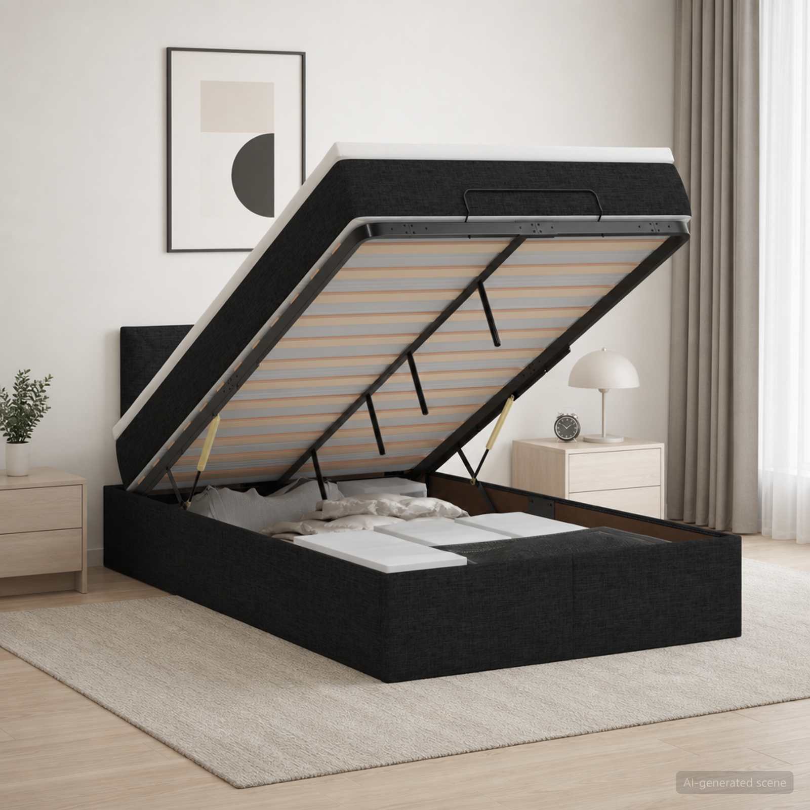 Отоман с матрак и LED с LED ленти Черно 120 x 190 cm Текстил