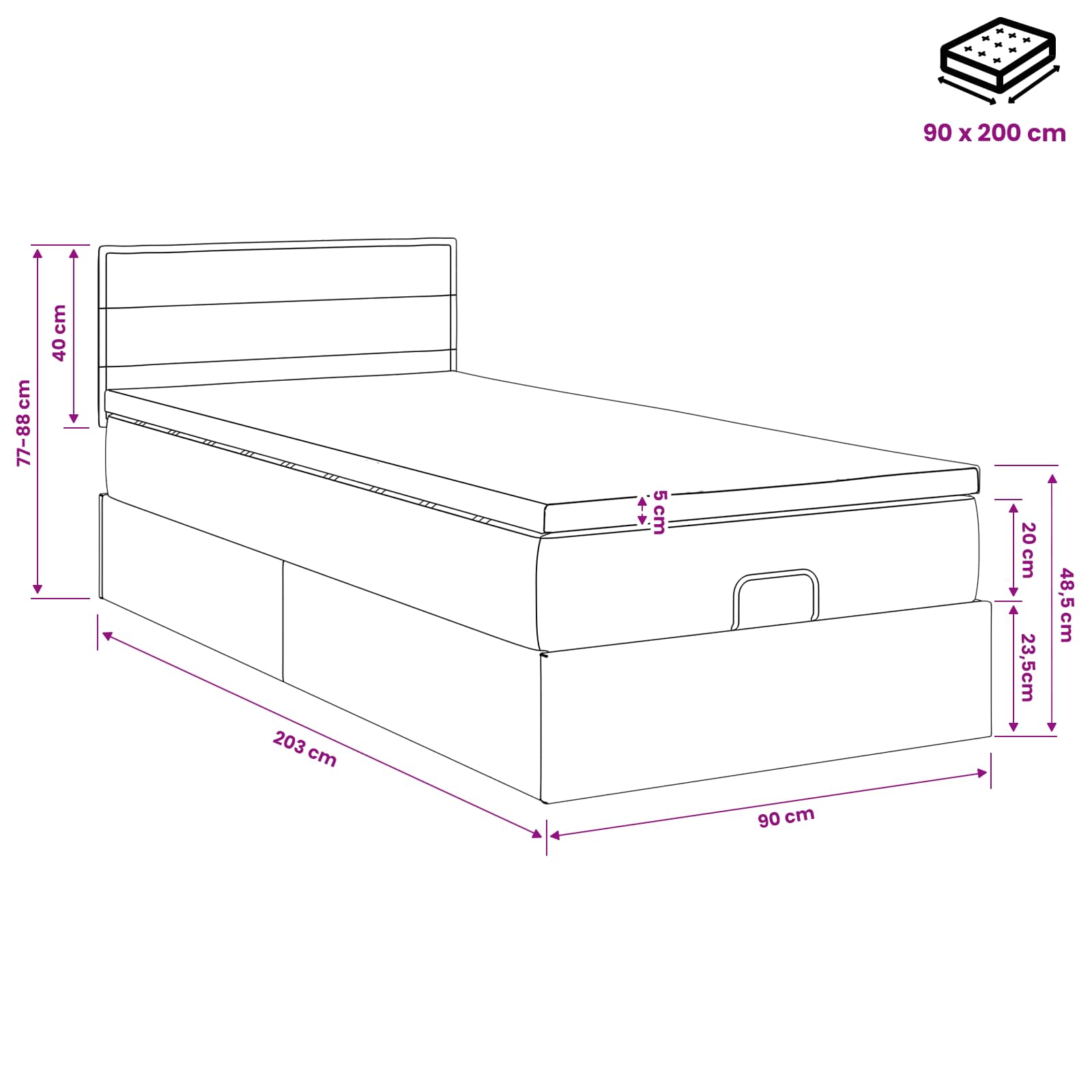 Otomanska postelja z vzmetnico in LED Svetlo siva 90 x 200 cm