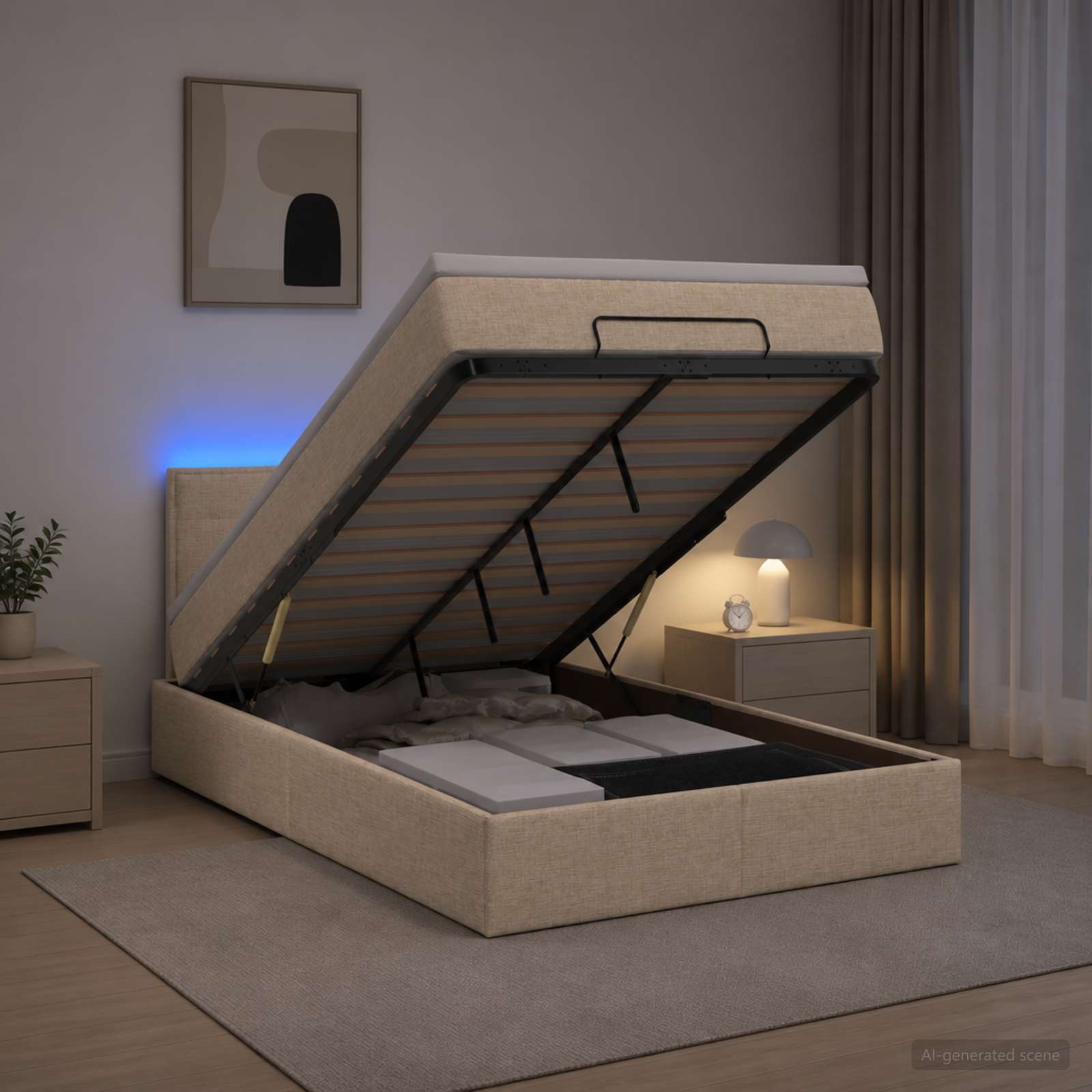 Otomanska postelja z vzmetnico in LED Krem 120 x 190 cm Blago